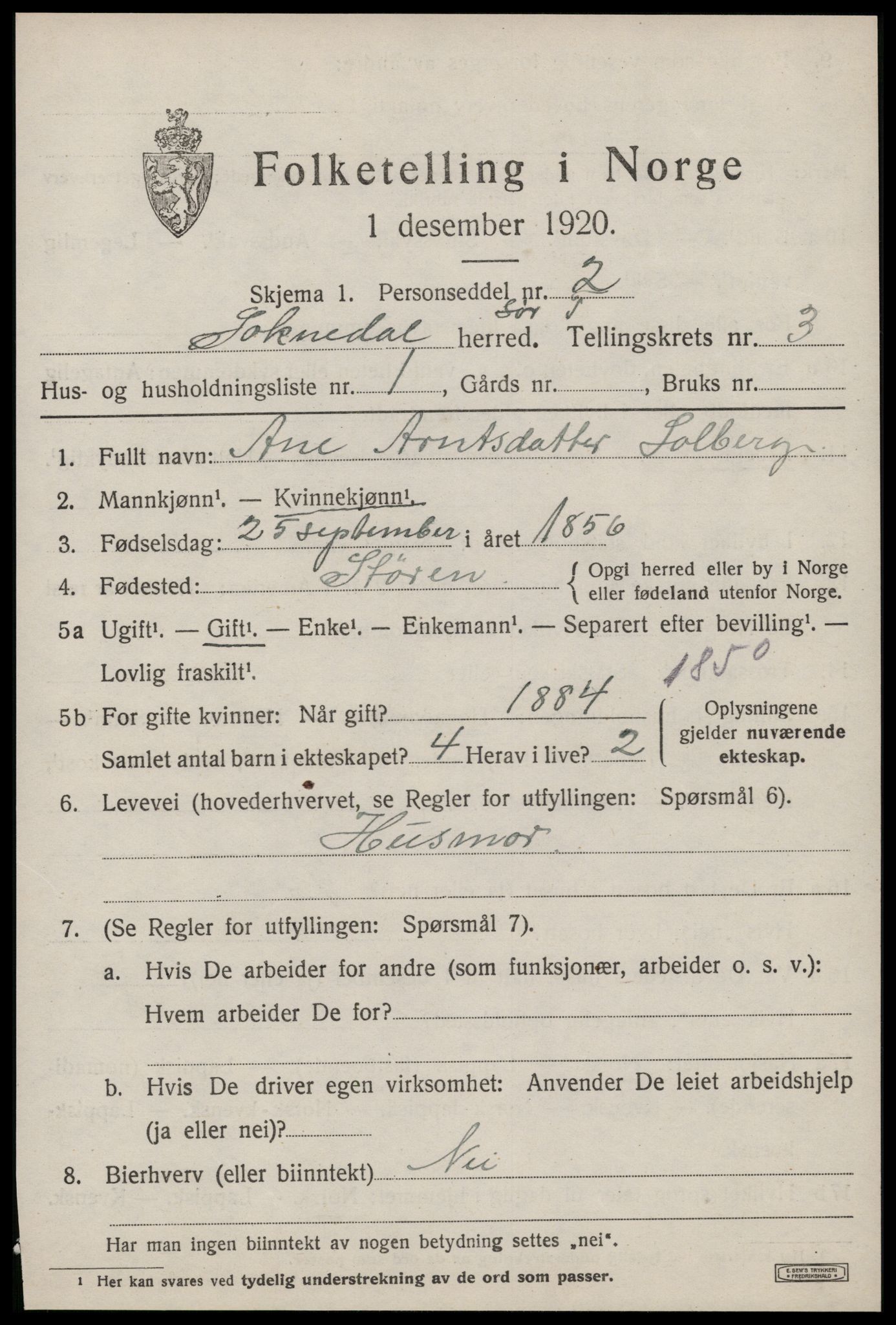 SAT, 1920 census for Soknedal, 1920, p. 1864