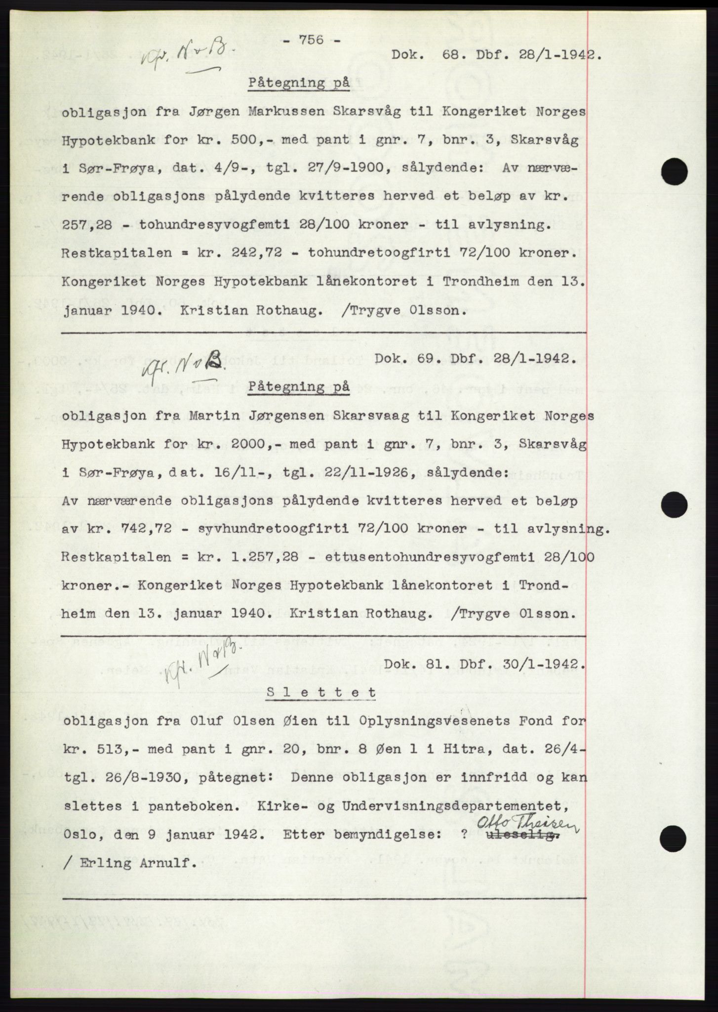 Hitra sorenskriveri, AV/SAT-A-0018/2/2C/2Ca: Mortgage book no. C1, 1936-1945, Diary no: : 68/1942