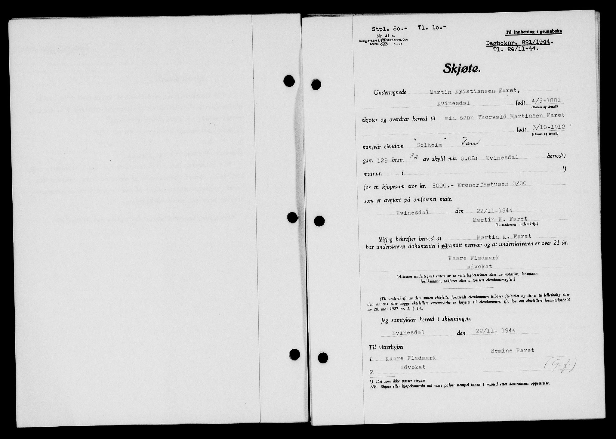 Flekkefjord sorenskriveri, SAK/1221-0001/G/Gb/Gba/L0059: Mortgage book no. A-7, 1944-1945, Diary no: : 821/1944