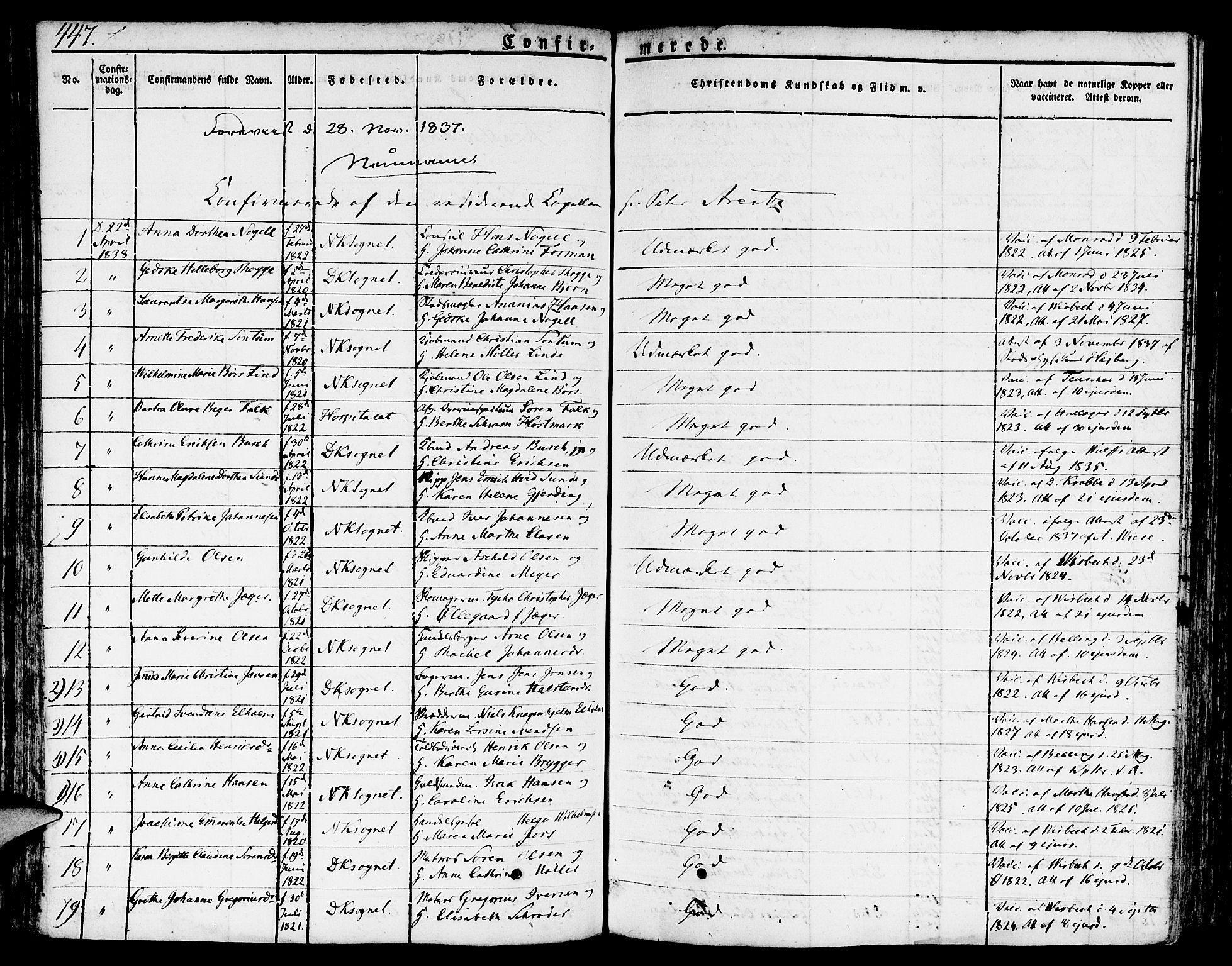 Nykirken Sokneprestembete, SAB/A-77101/H/Hab: Parish register (copy) no. A 5II, 1821-1843, p. 447