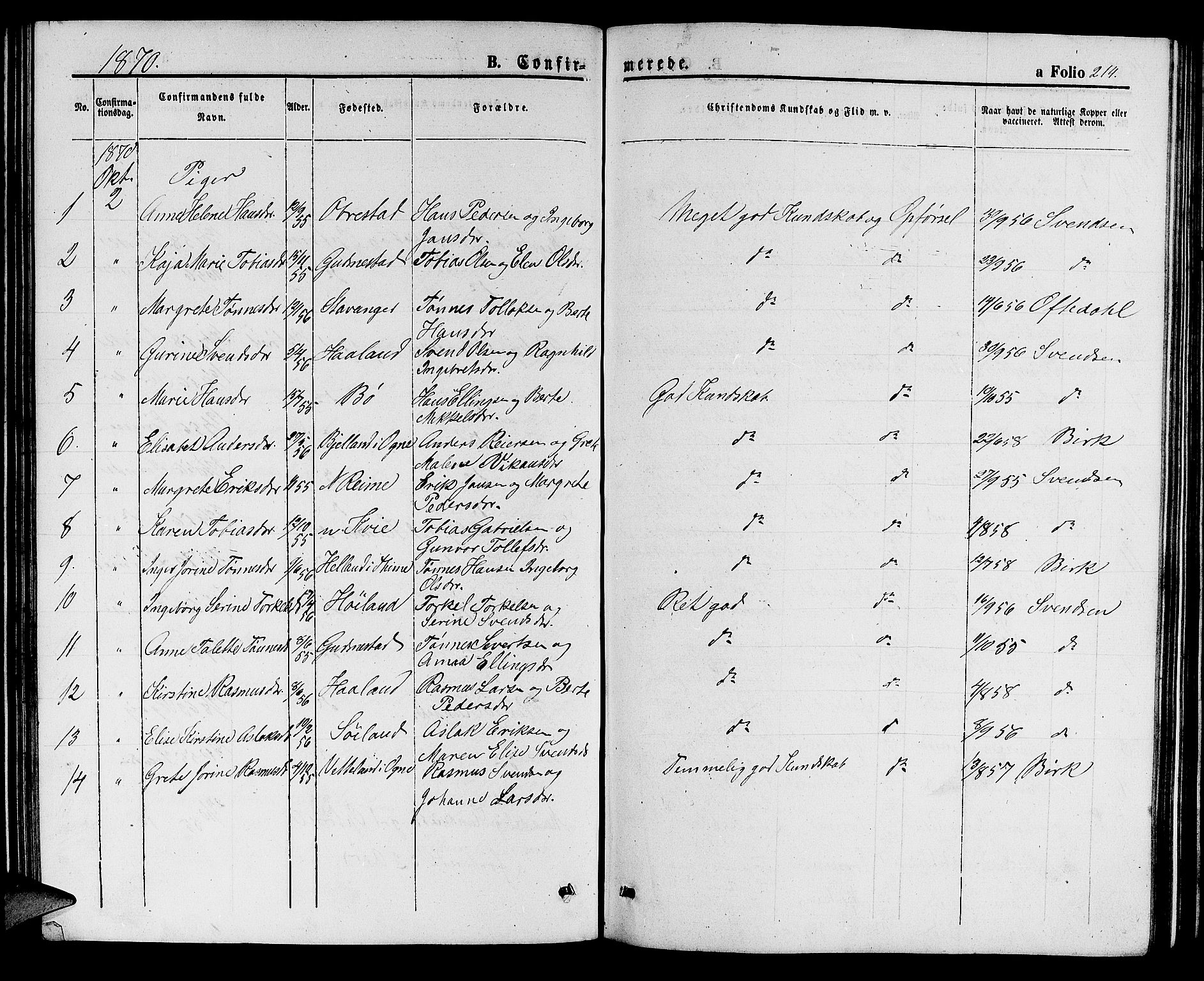 Hå sokneprestkontor, AV/SAST-A-101801/001/30BB/L0001: Parish register (copy) no. B 1, 1854-1883, p. 214