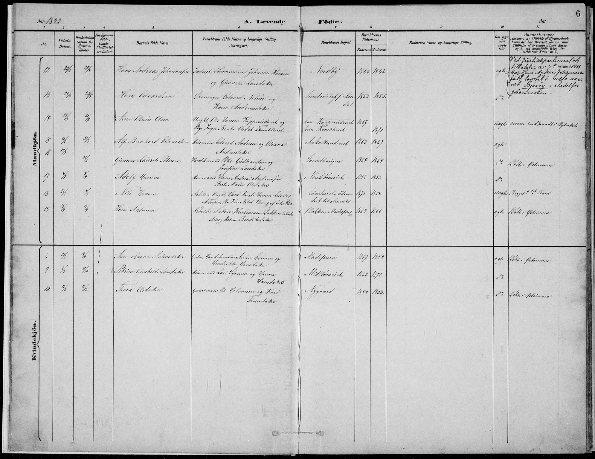 Nordre Land prestekontor, AV/SAH-PREST-124/H/Ha/Hab/L0013: Parish register (copy) no. 13, 1891-1904, p. 6