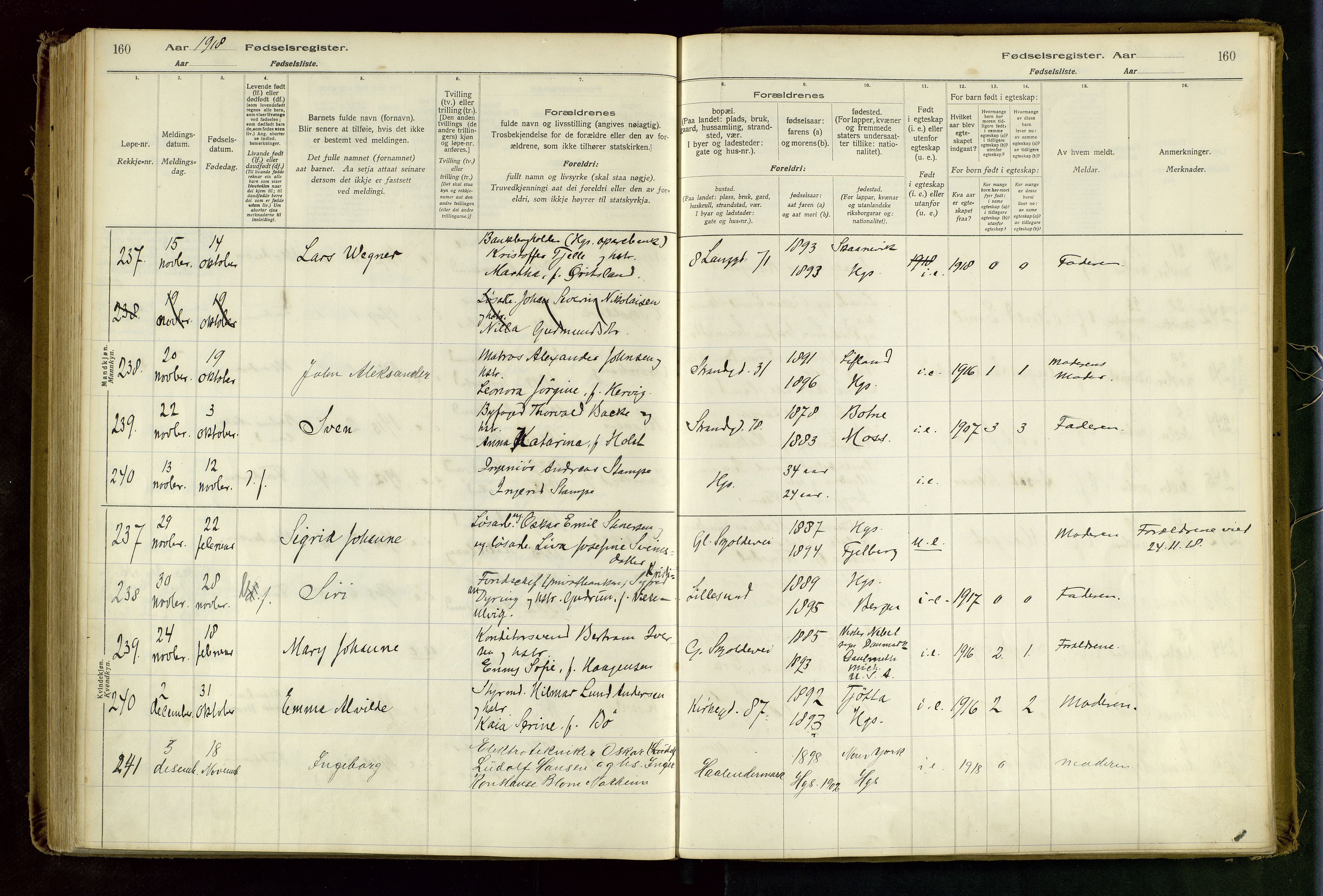 Haugesund sokneprestkontor, SAST/A -101863/I/Id/L0003: Birth register no. 1, 1916-1919, p. 160