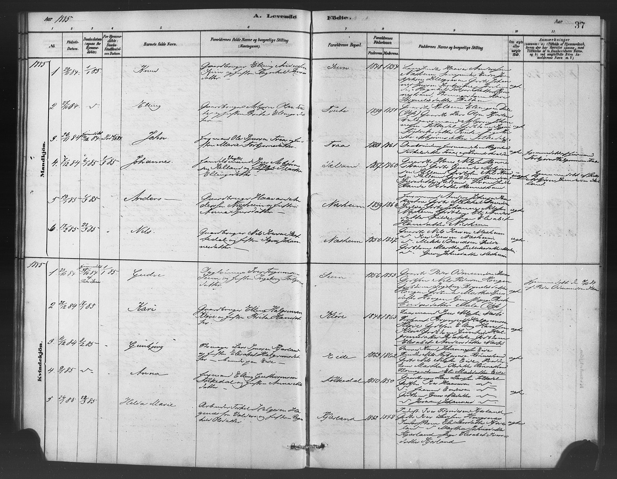 Ulvik sokneprestembete, SAB/A-78801/H/Haa: Parish register (official) no. C 1, 1878-1903, p. 37