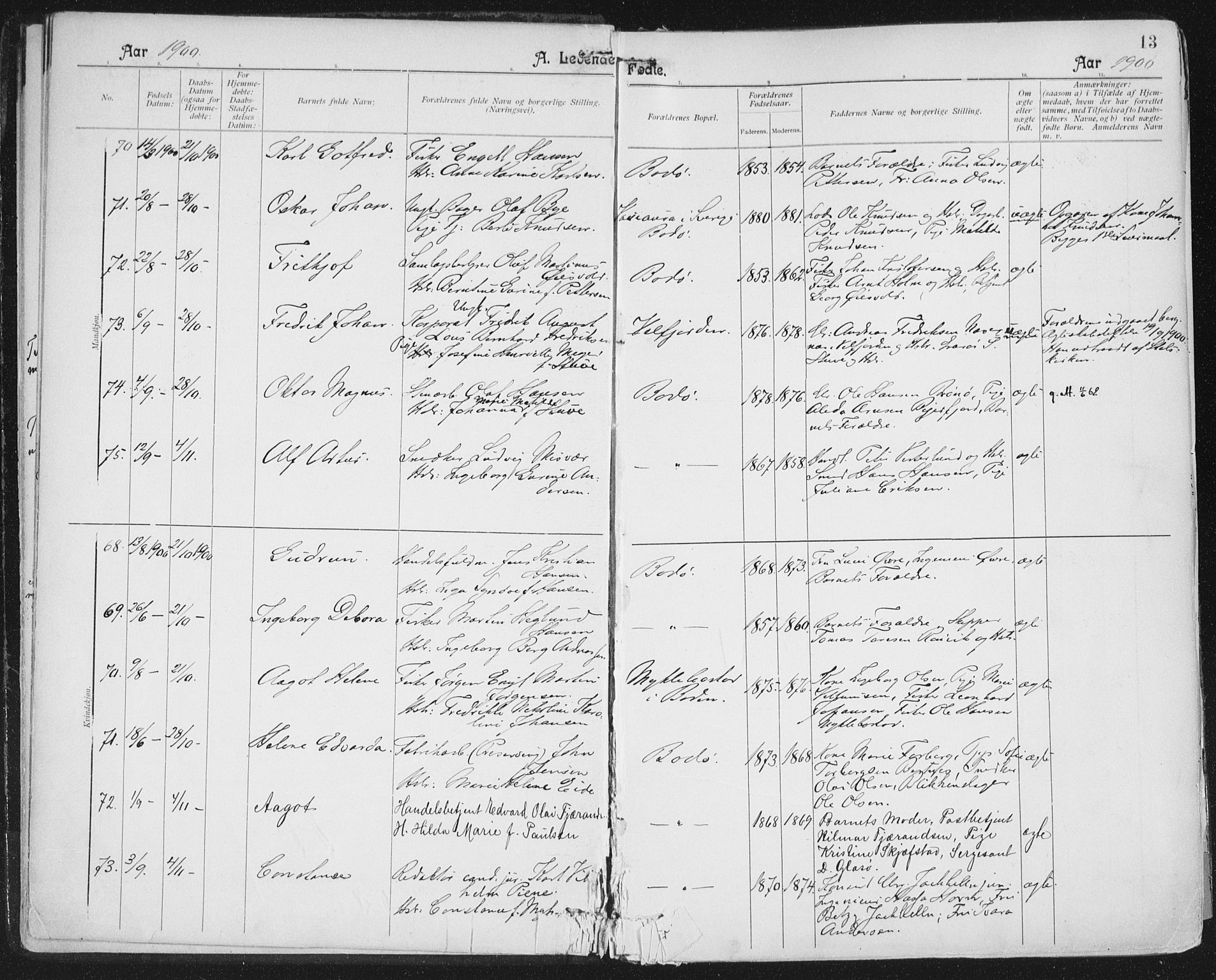 Ministerialprotokoller, klokkerbøker og fødselsregistre - Nordland, AV/SAT-A-1459/801/L0011: Parish register (official) no. 801A11, 1900-1916, p. 13