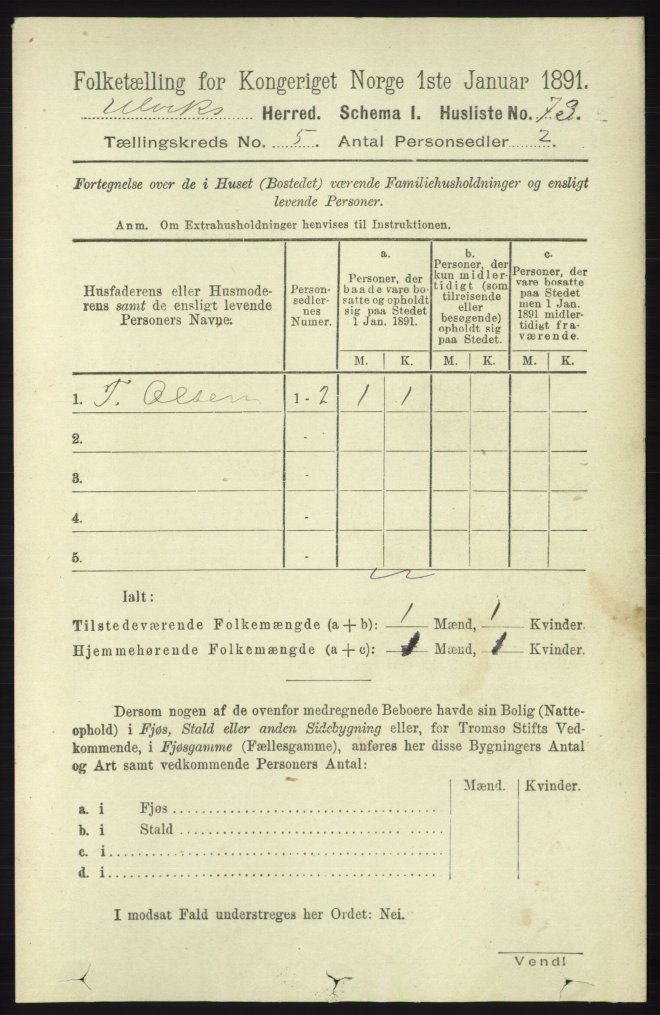 RA, 1891 census for 1233 Ulvik, 1891, p. 1395