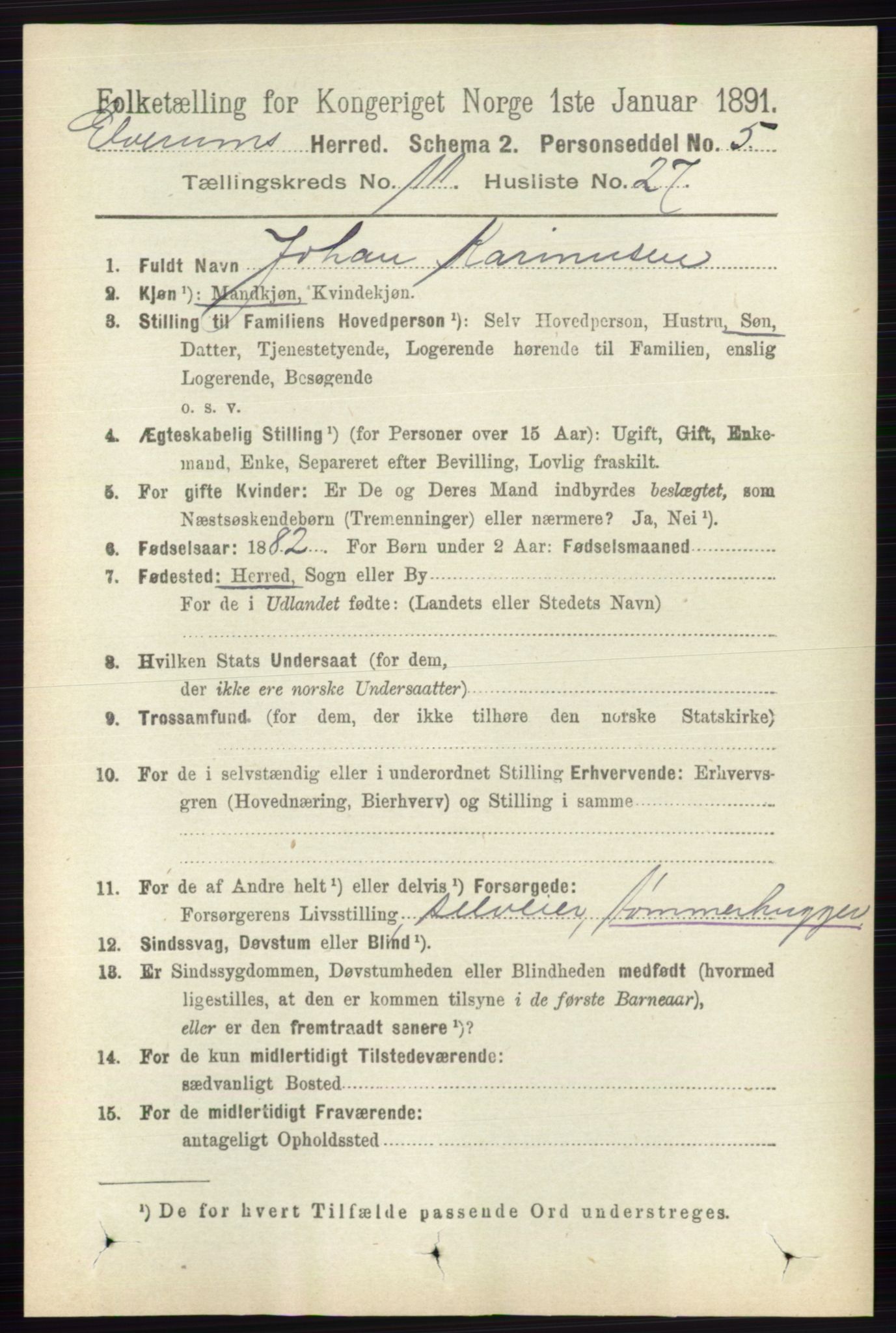 RA, 1891 census for 0427 Elverum, 1891, p. 9187