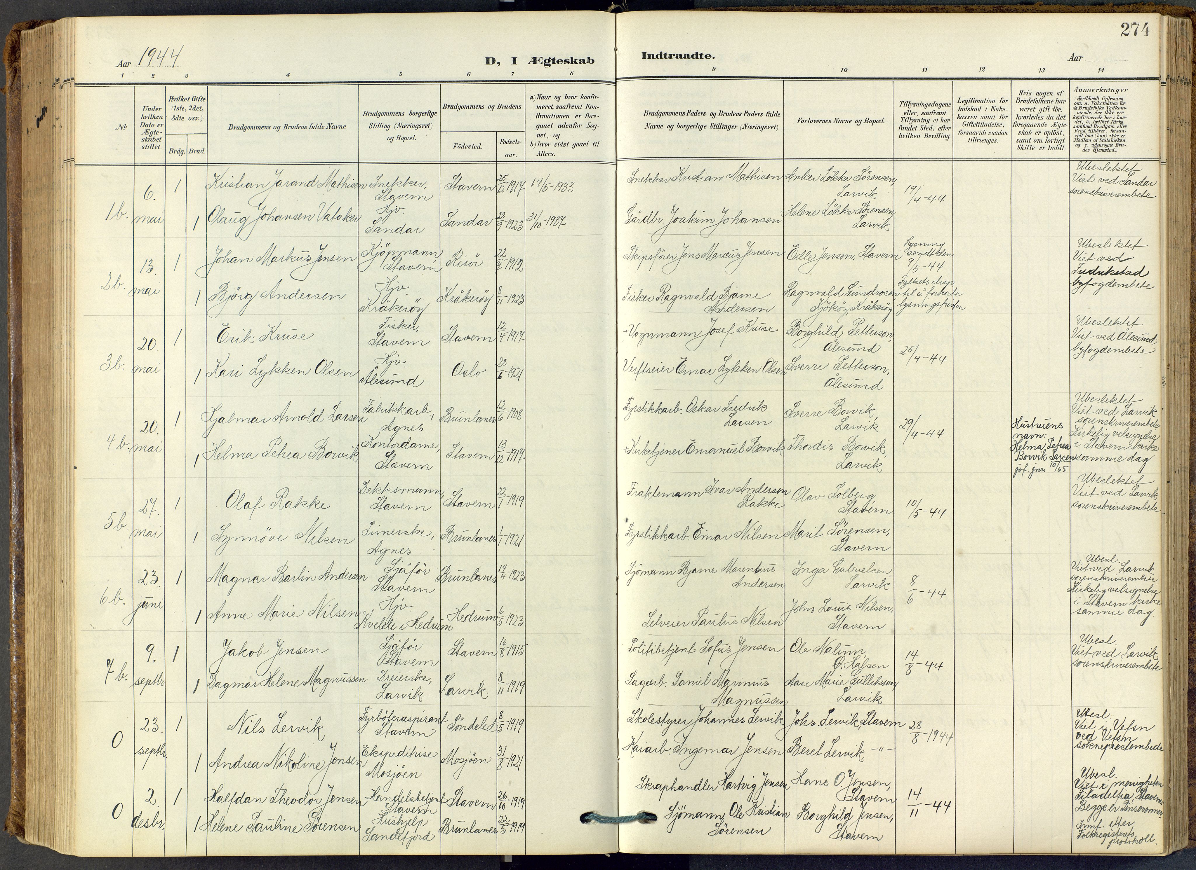 Stavern kirkebøker, SAKO/A-318/F/Fa/L0009: Parish register (official) no. 9, 1906-1955, p. 274