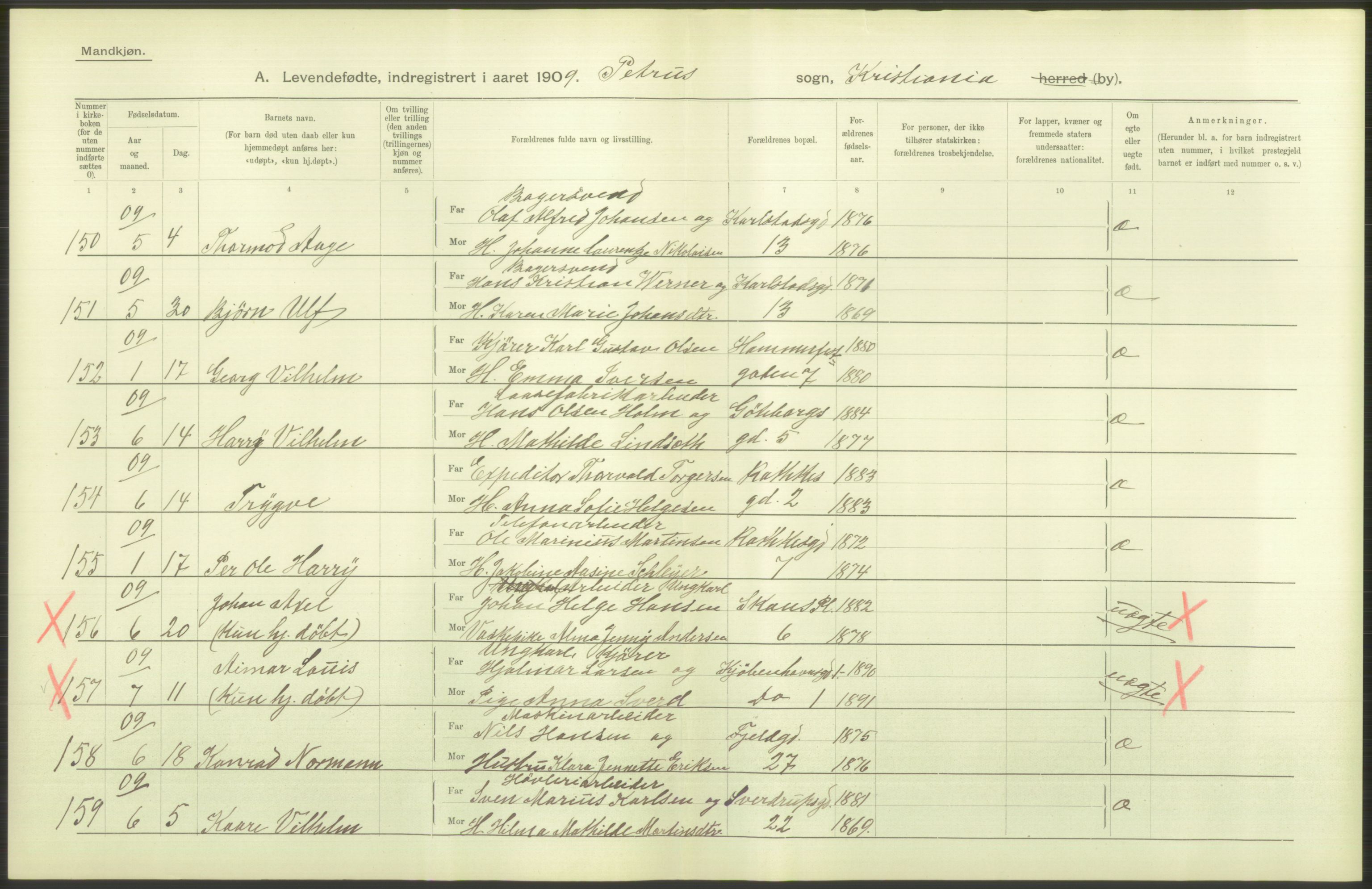 Statistisk sentralbyrå, Sosiodemografiske emner, Befolkning, RA/S-2228/D/Df/Dfa/Dfag/L0007: Kristiania: Levendefødte menn og kvinner., 1909, p. 182