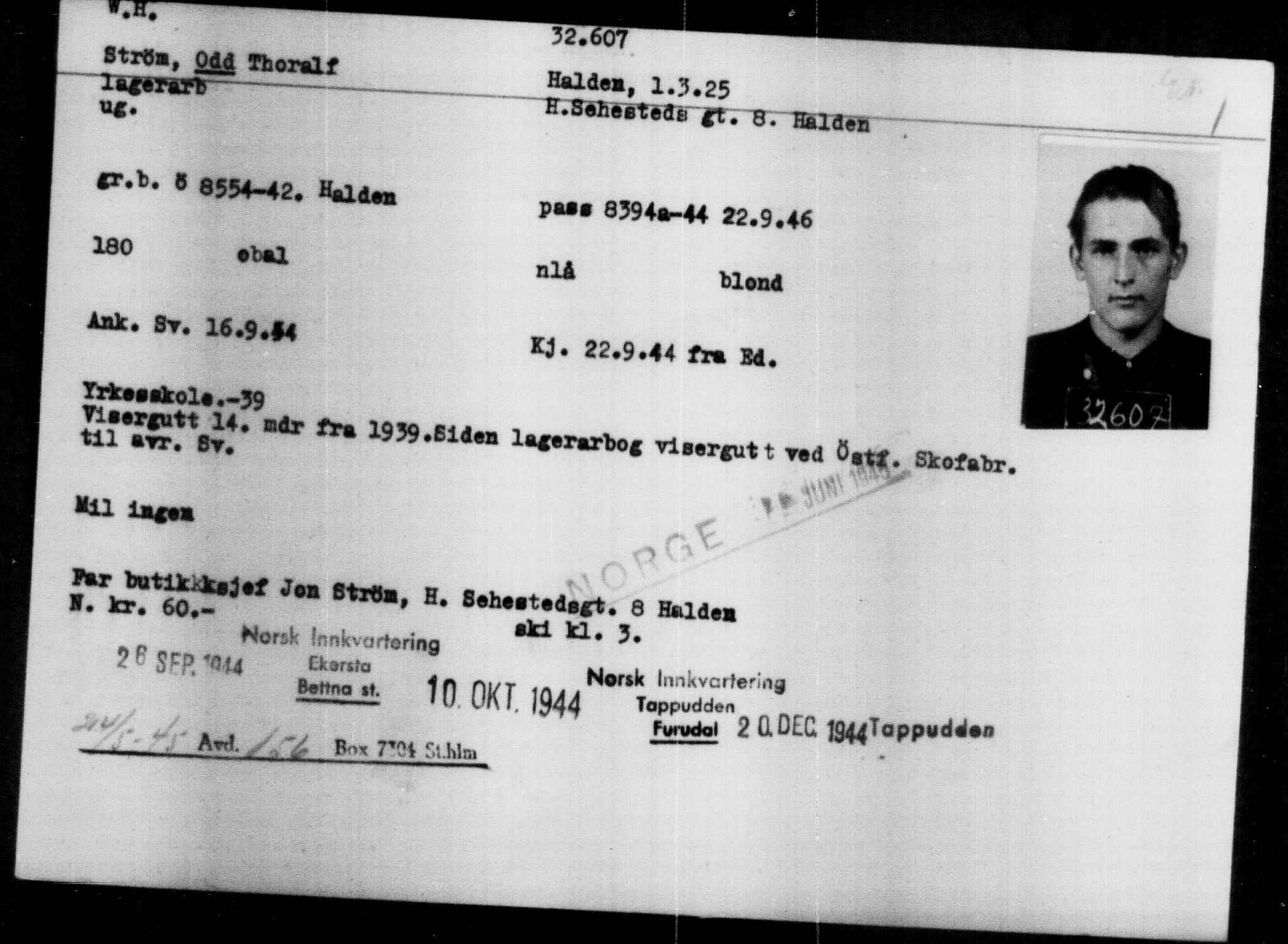 Utenriksstasjonene, Legasjonen i Stockholm, Flyktningkontoret, AV/RA-S-6753/V/Va/L0013: Kjesäterkartoteket, flyktninger med registreringsnr. 31500-34731, 1940-1945, p. 1167