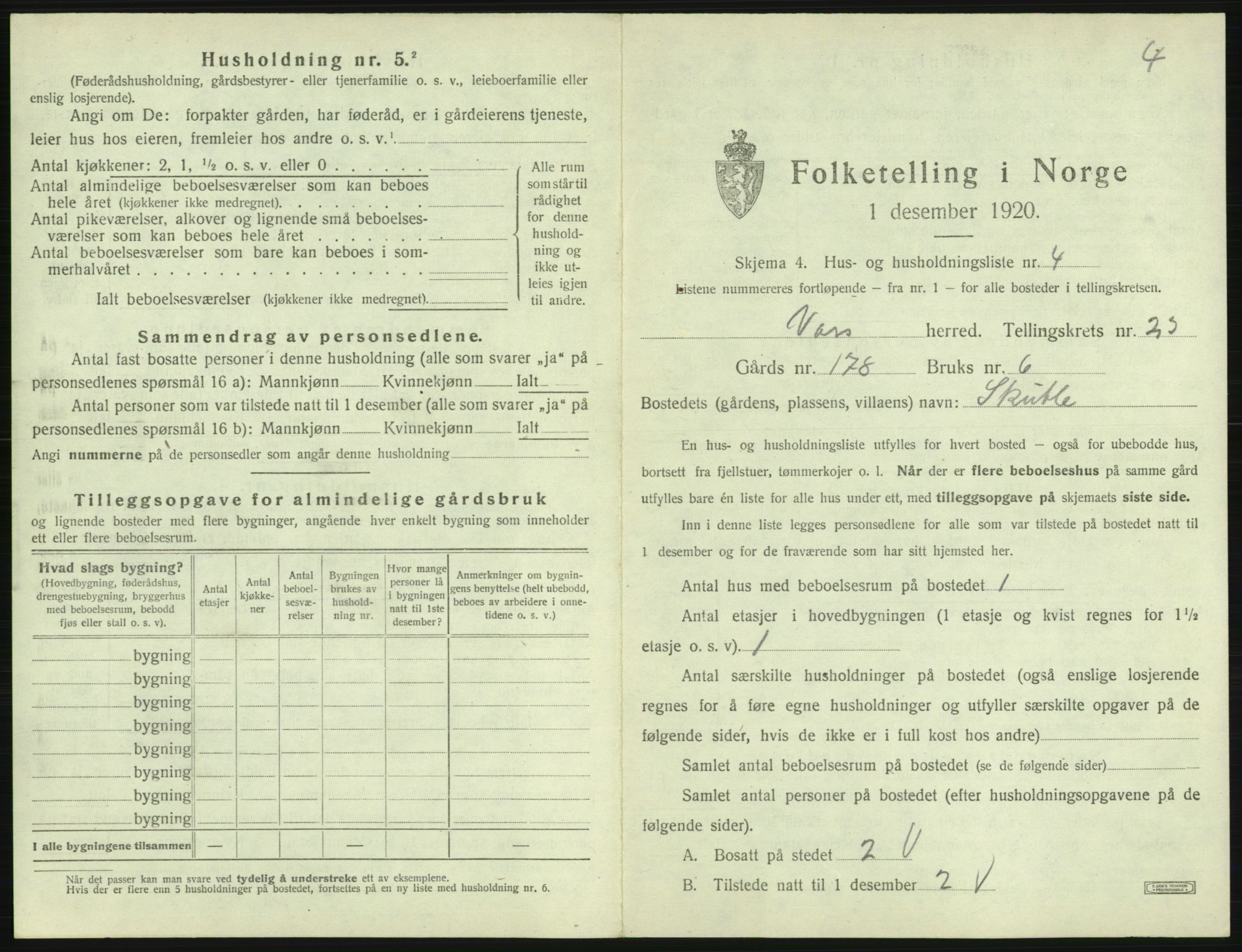 SAB, 1920 census for Voss, 1920, p. 2019