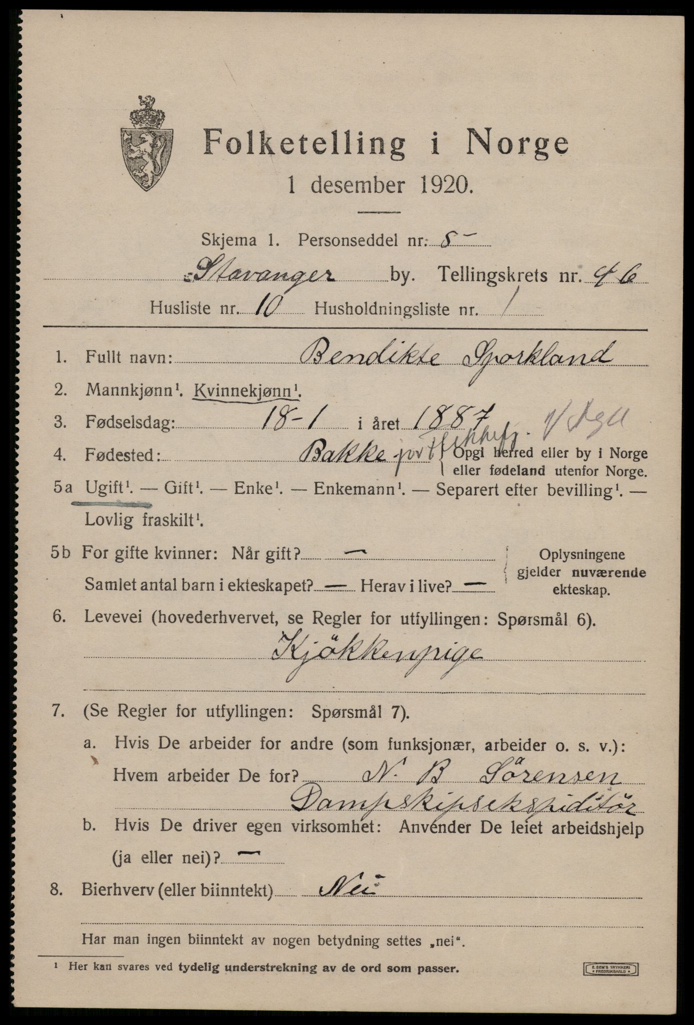 SAST, 1920 census for Stavanger, 1920, p. 112492