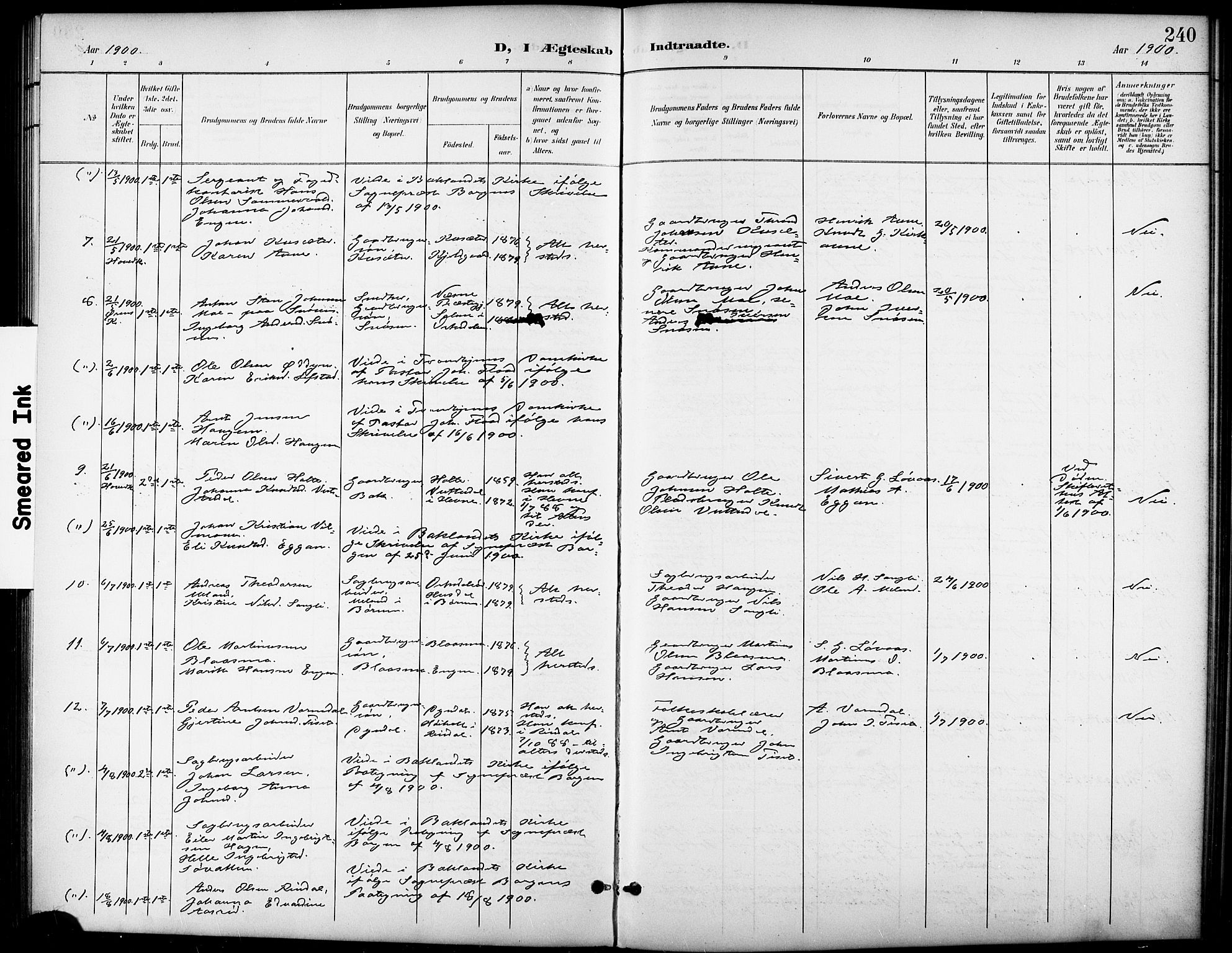 Ministerialprotokoller, klokkerbøker og fødselsregistre - Sør-Trøndelag, SAT/A-1456/668/L0819: Parish register (copy) no. 668C08, 1899-1912, p. 240