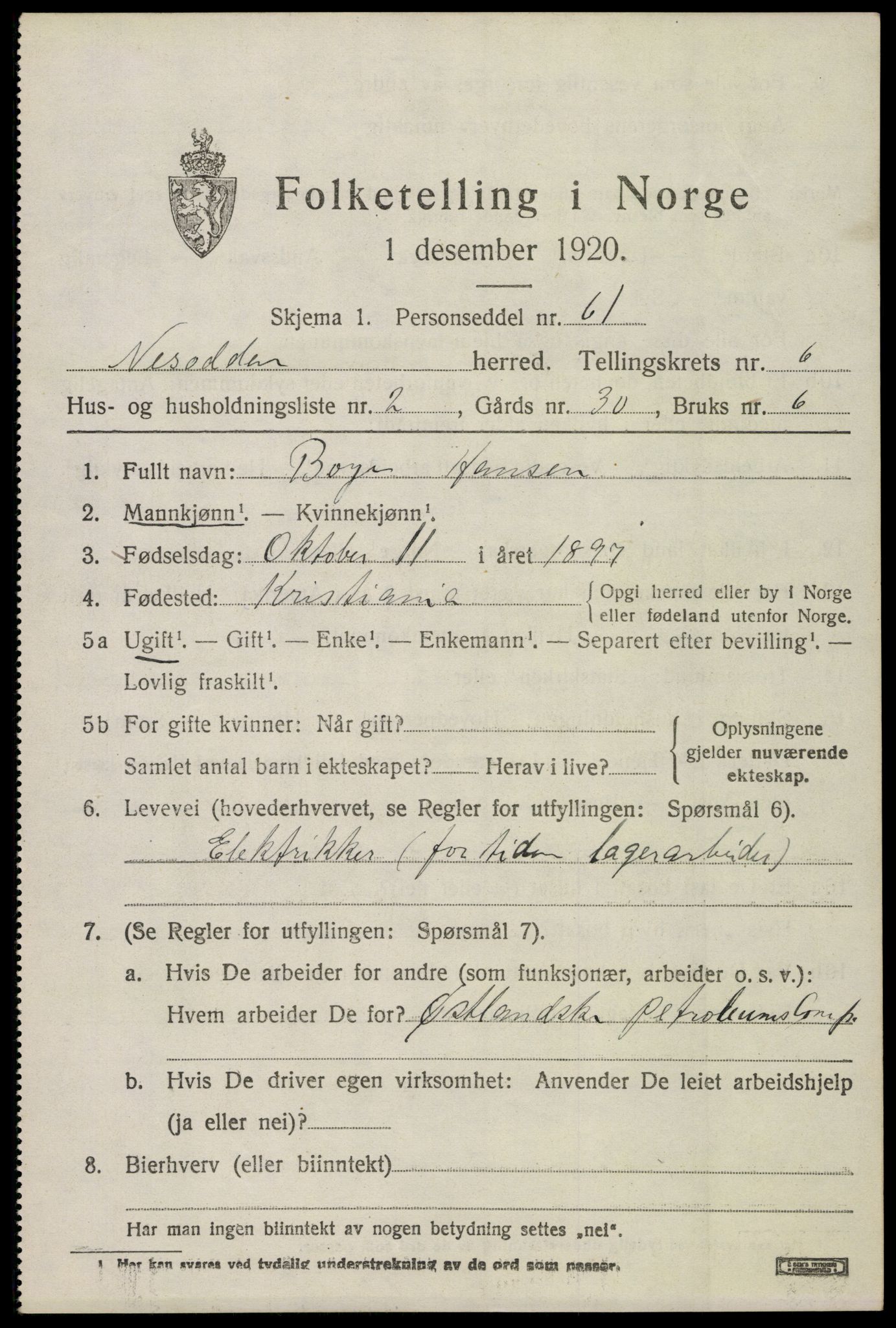 SAO, 1920 census for Nesodden, 1920, p. 5467