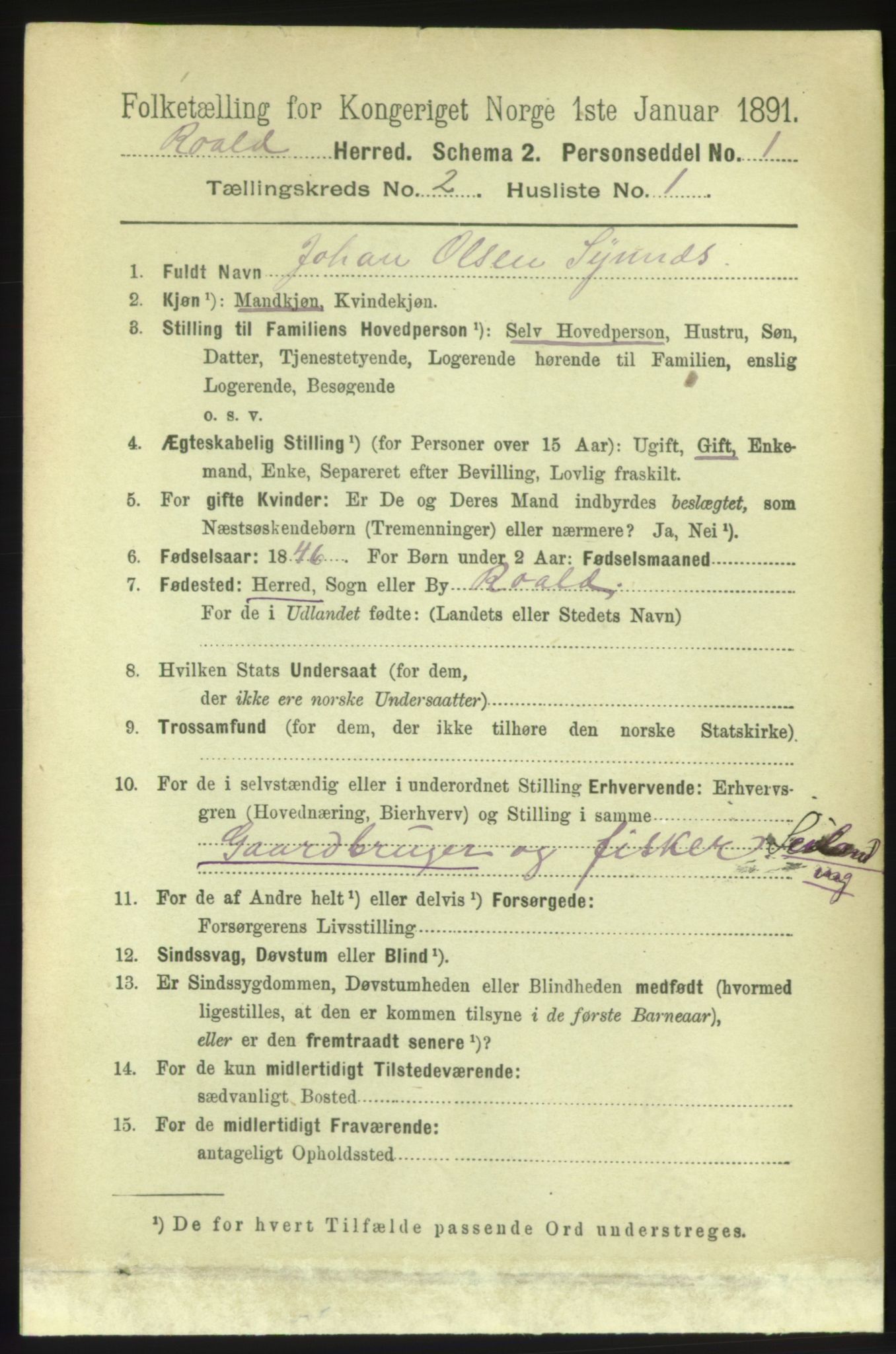 RA, 1891 census for 1533 Roald, 1891, p. 630