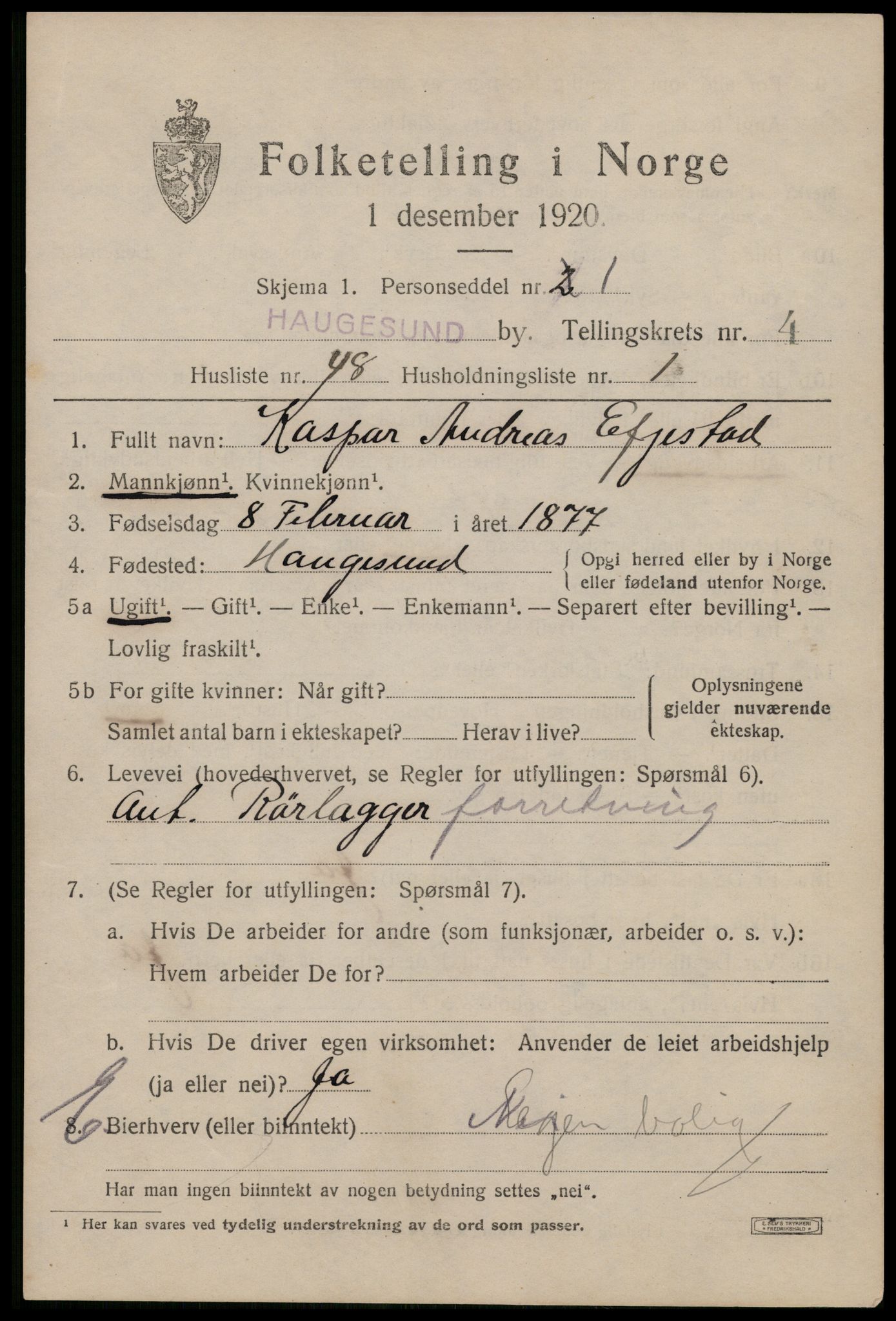 SAST, 1920 census for Haugesund, 1920, p. 16177