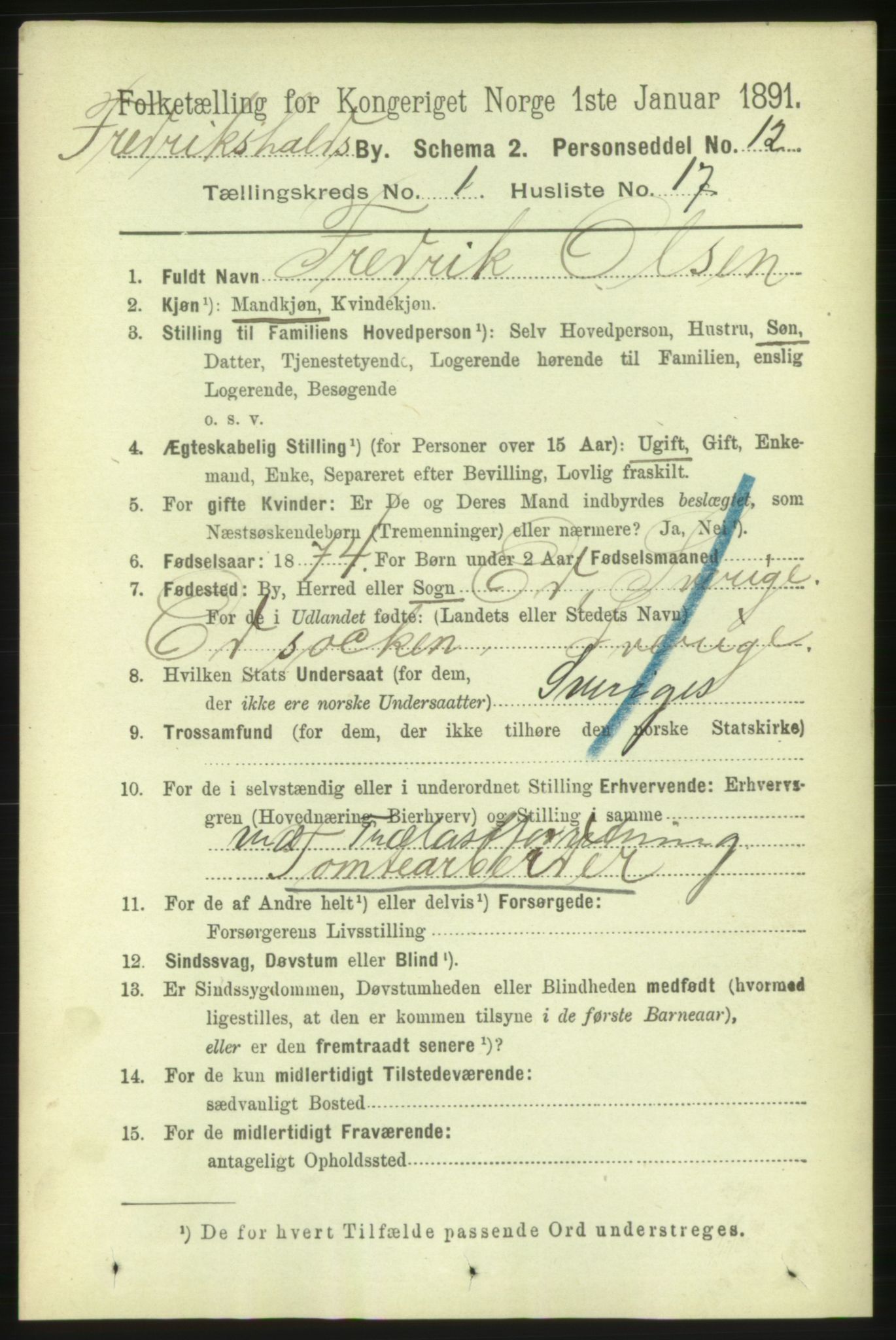 RA, 1891 census for 0101 Fredrikshald, 1891, p. 2075