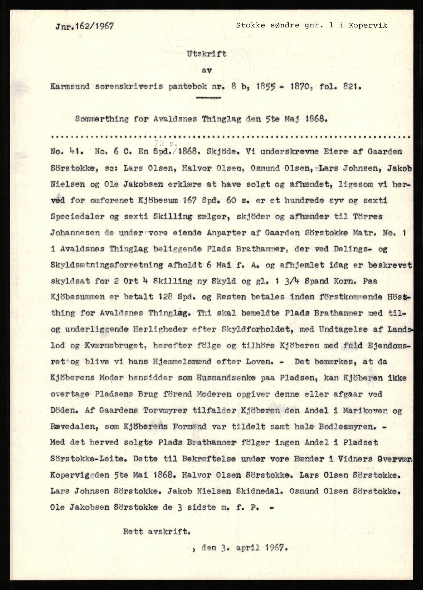 Statsarkivet i Stavanger, SAST/A-101971/03/Y/Yj/L0081: Avskrifter sortert etter gårdsnavn: Stokke søndre - Stølen, 1750-1930, p. 89