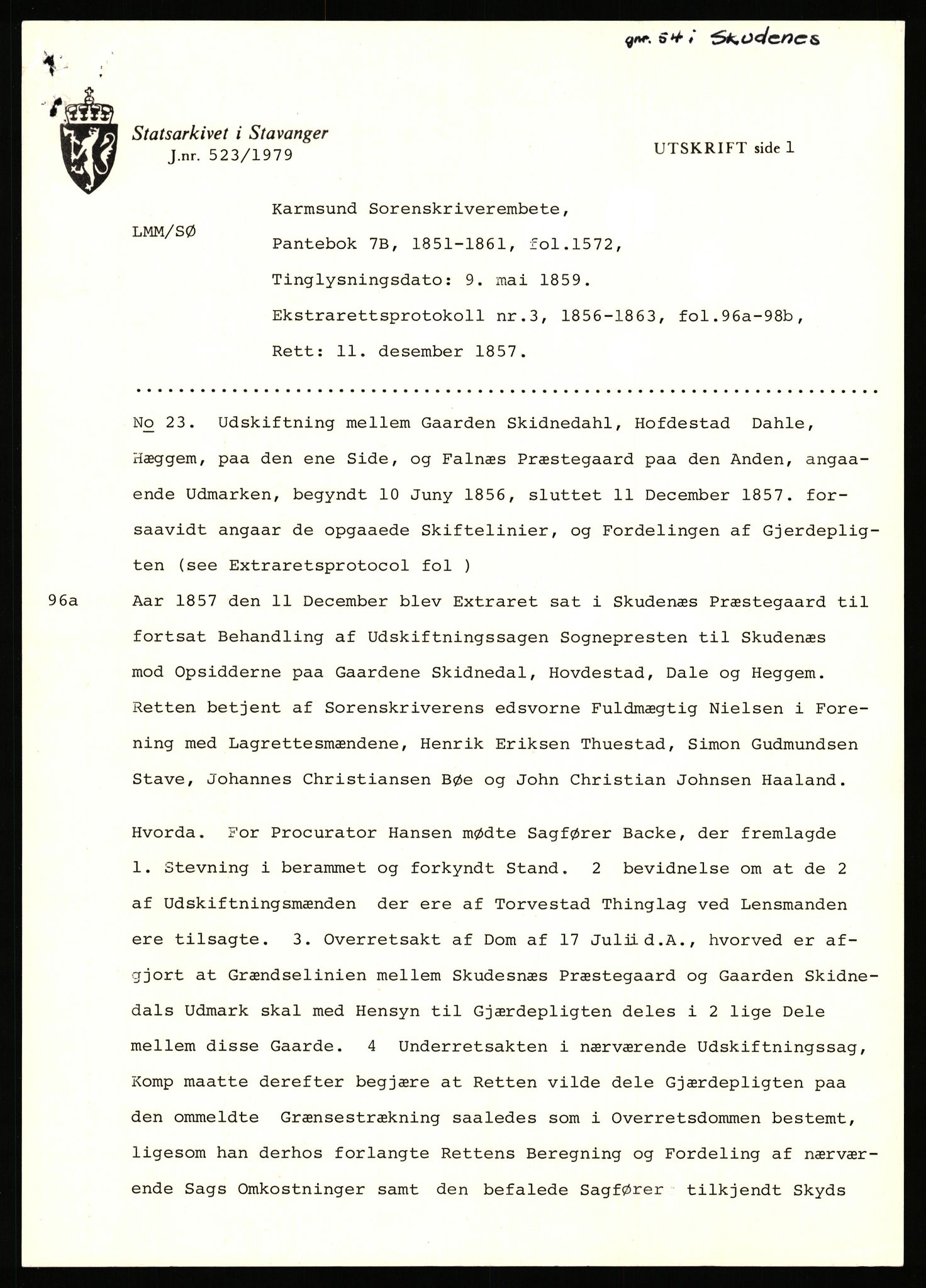 Statsarkivet i Stavanger, AV/SAST-A-101971/03/Y/Yj/L0013: Avskrifter sortert etter gårdsnavn: Bæreim - Dalen, 1750-1930, p. 602