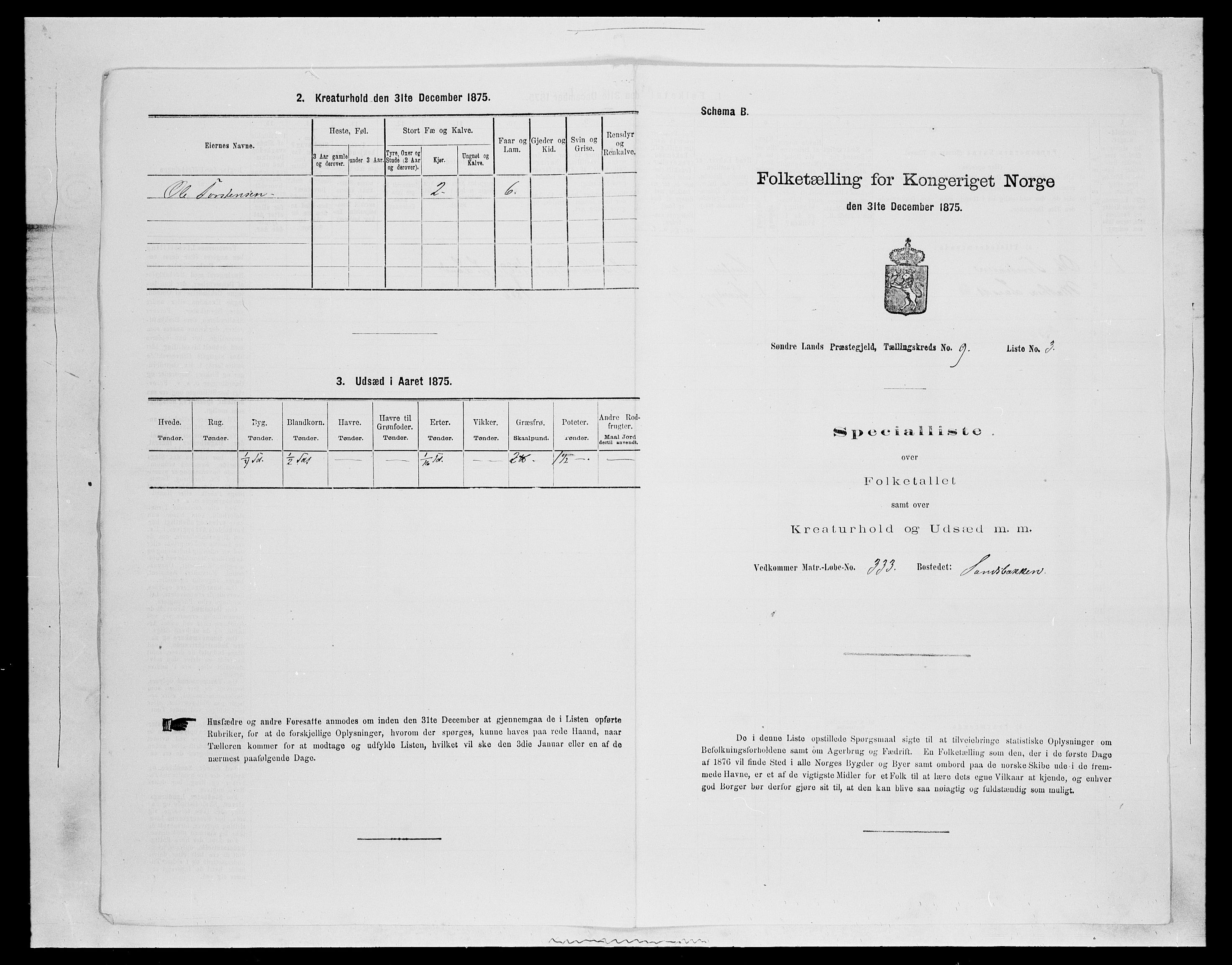 SAH, 1875 census for 0536P Søndre Land, 1875, p. 1322