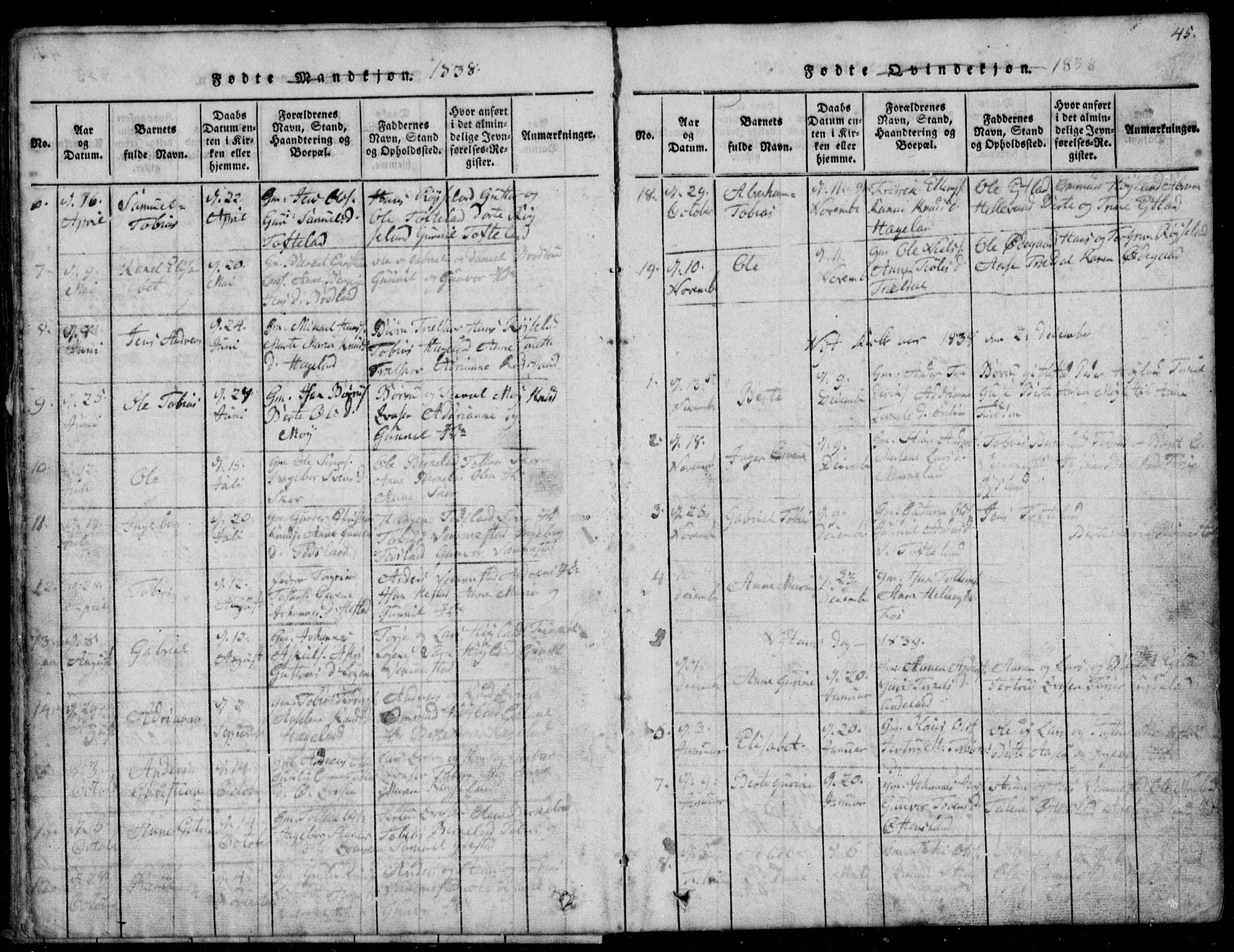 Lyngdal sokneprestkontor, AV/SAK-1111-0029/F/Fb/Fbb/L0001: Parish register (copy) no. B 1, 1816-1900, p. 45