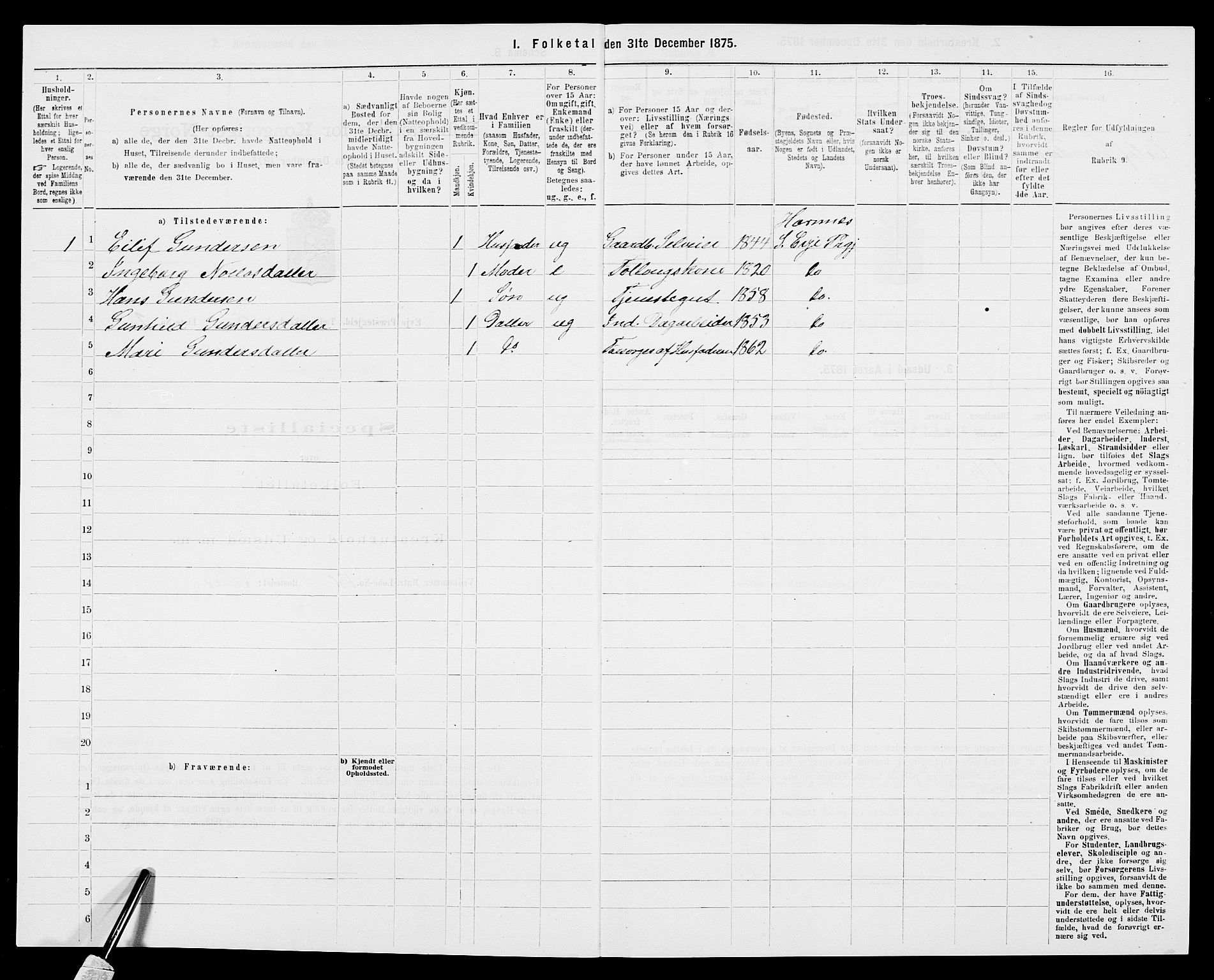 SAK, 1875 census for 0934P Evje, 1875, p. 401