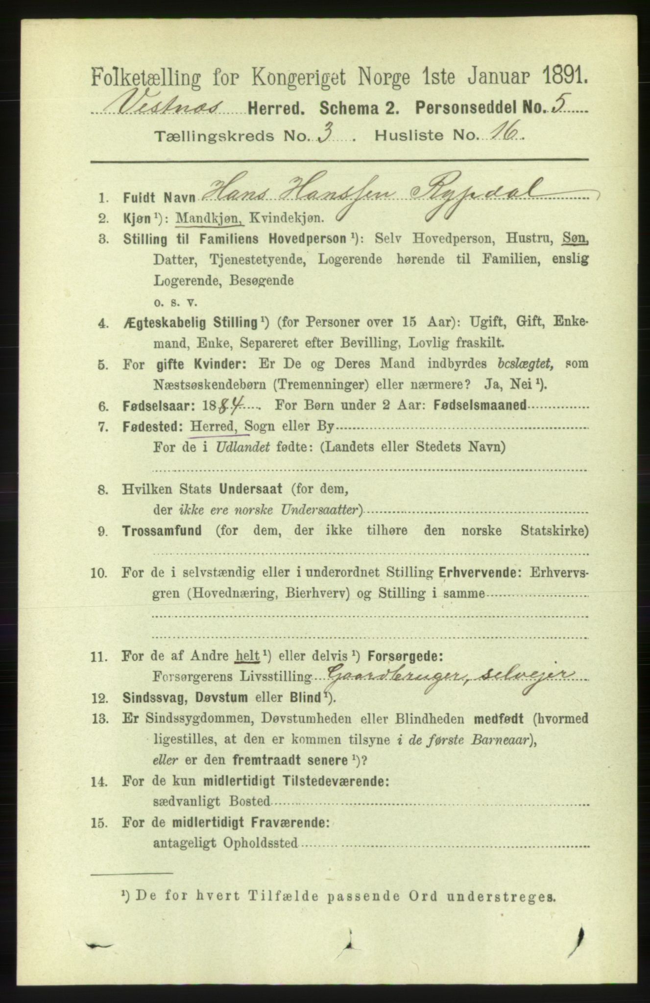 RA, 1891 census for 1535 Vestnes, 1891, p. 964