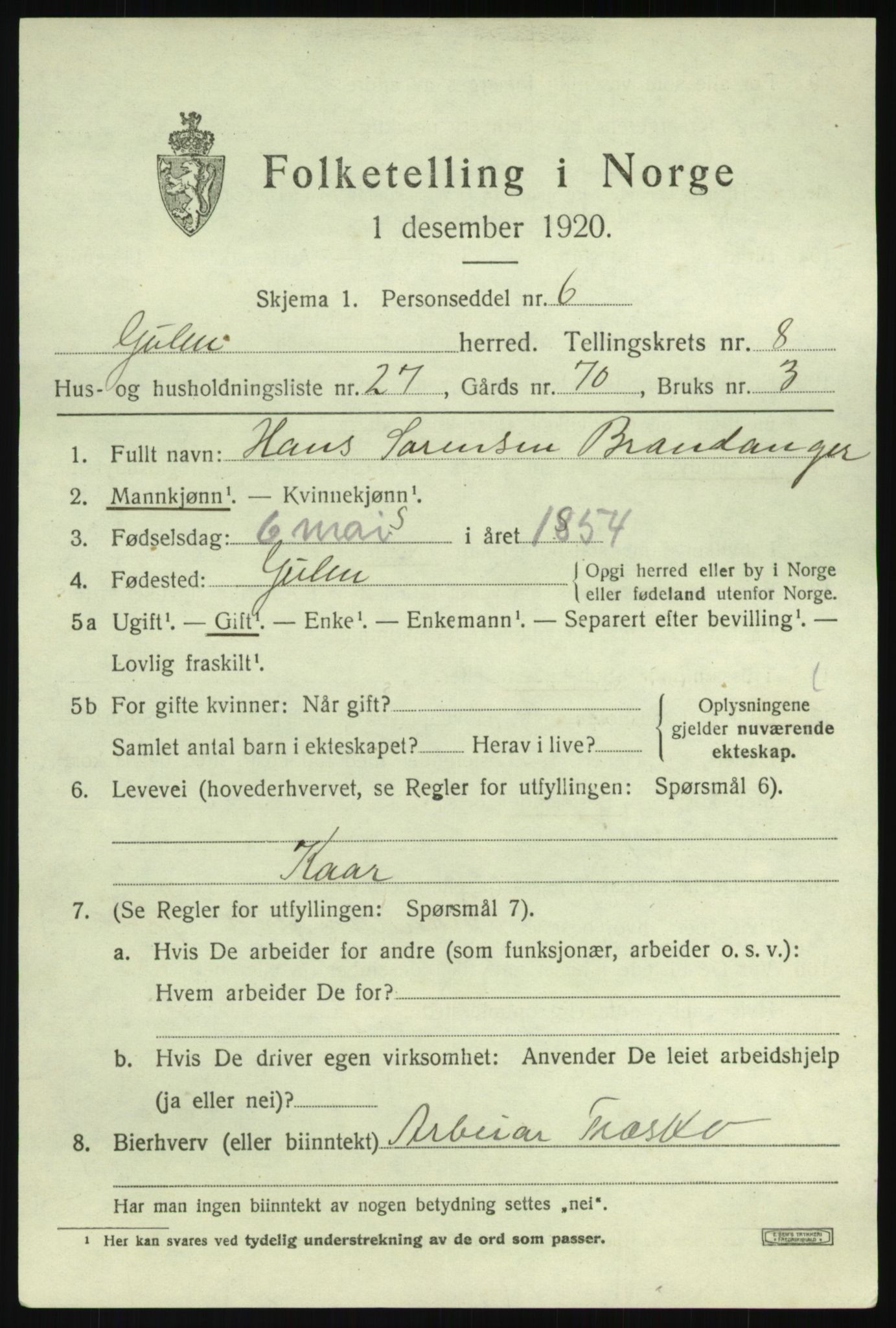 SAB, 1920 census for Gulen, 1920, p. 3867