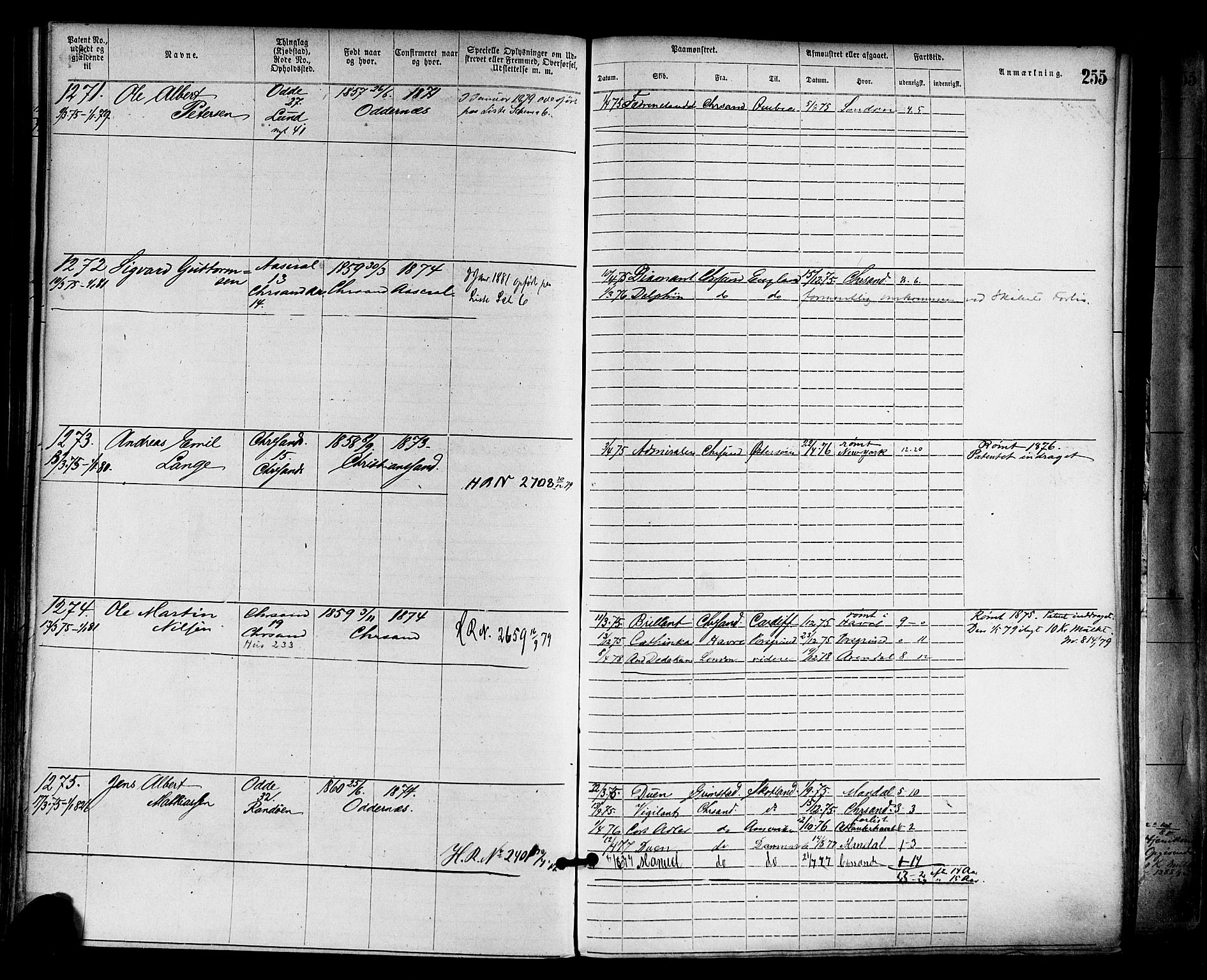 Kristiansand mønstringskrets, SAK/2031-0015/F/Fa/L0005: Annotasjonsrulle nr 1-1920 med register, I-3, 1870-1880, p. 302