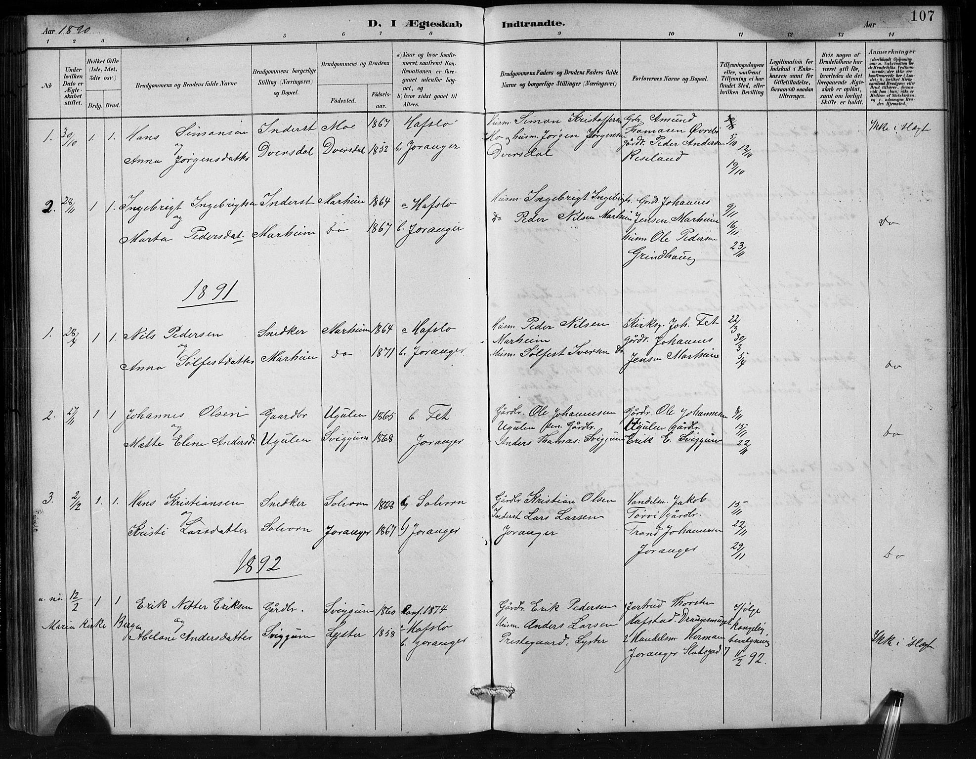Jostedal sokneprestembete, SAB/A-80601/H/Hab/Habd/L0001: Parish register (copy) no. D 1, 1882-1910, p. 107