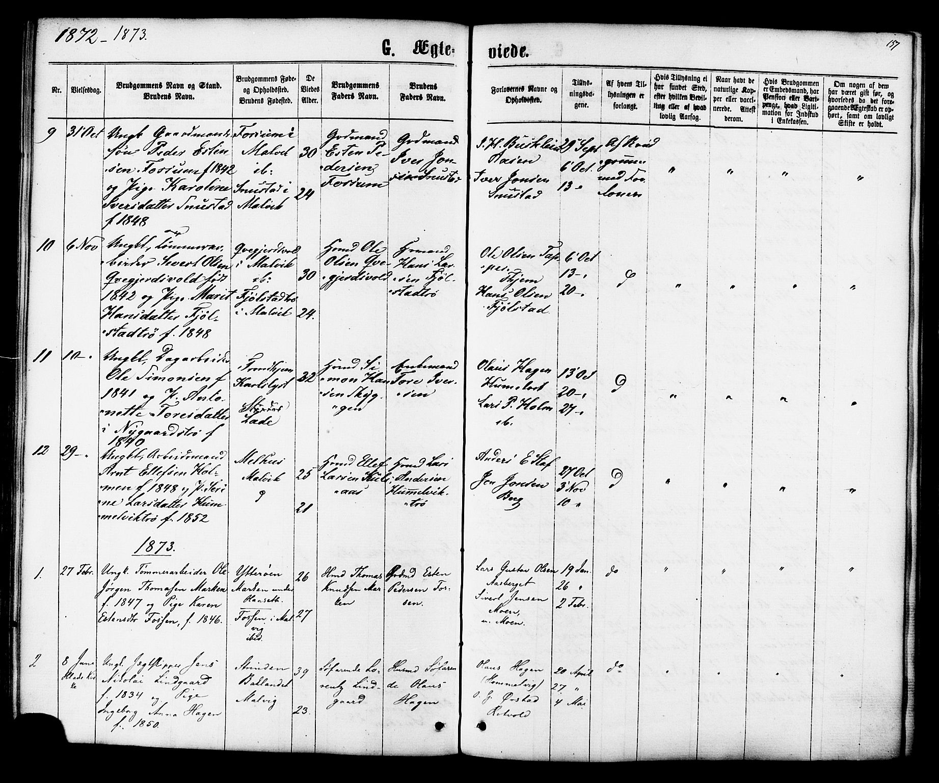 Ministerialprotokoller, klokkerbøker og fødselsregistre - Sør-Trøndelag, SAT/A-1456/616/L0409: Parish register (official) no. 616A06, 1865-1877, p. 157