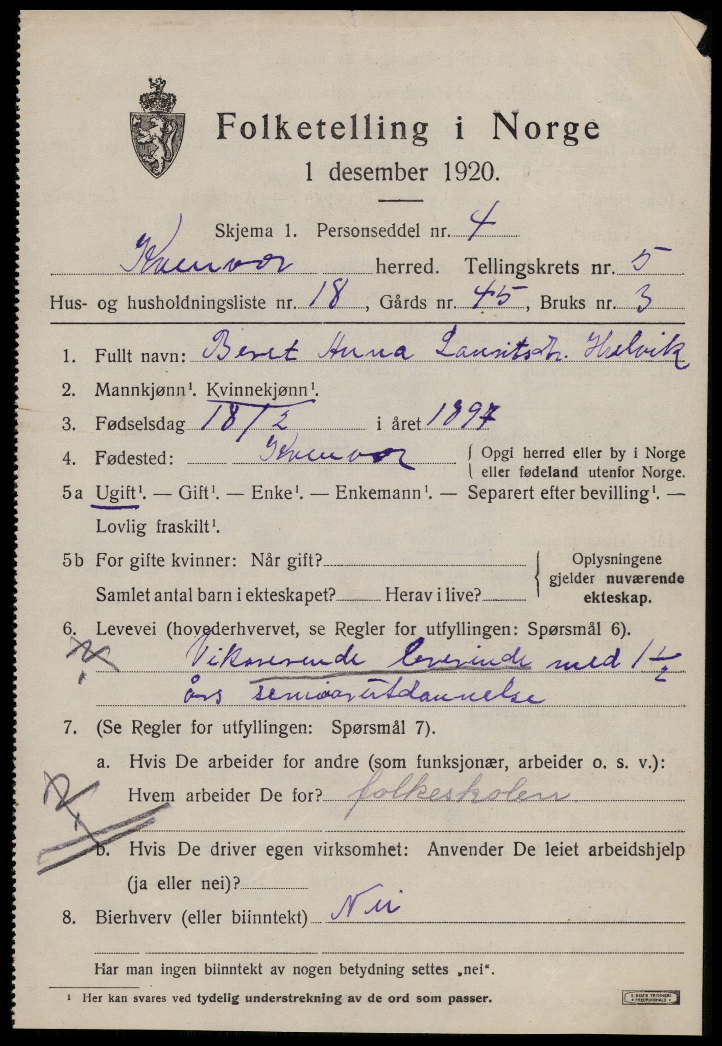 SAT, 1920 census for Kvenvær, 1920, p. 2100