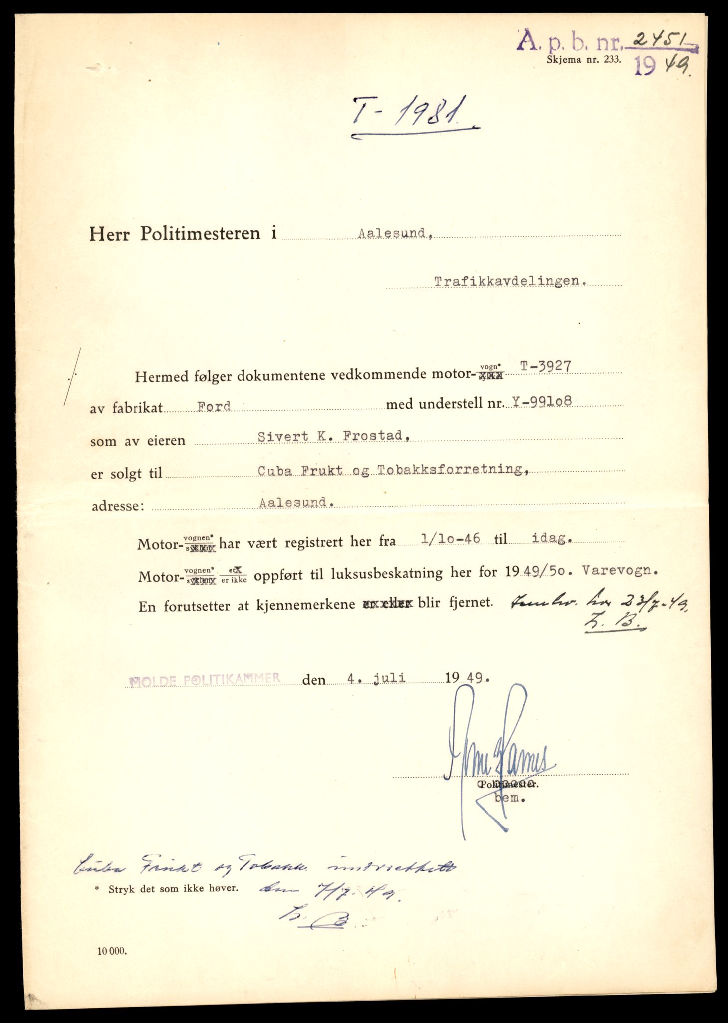 Møre og Romsdal vegkontor - Ålesund trafikkstasjon, AV/SAT-A-4099/F/Fe/L0016: Registreringskort for kjøretøy T 1851 - T 1984, 1927-1998, p. 2799