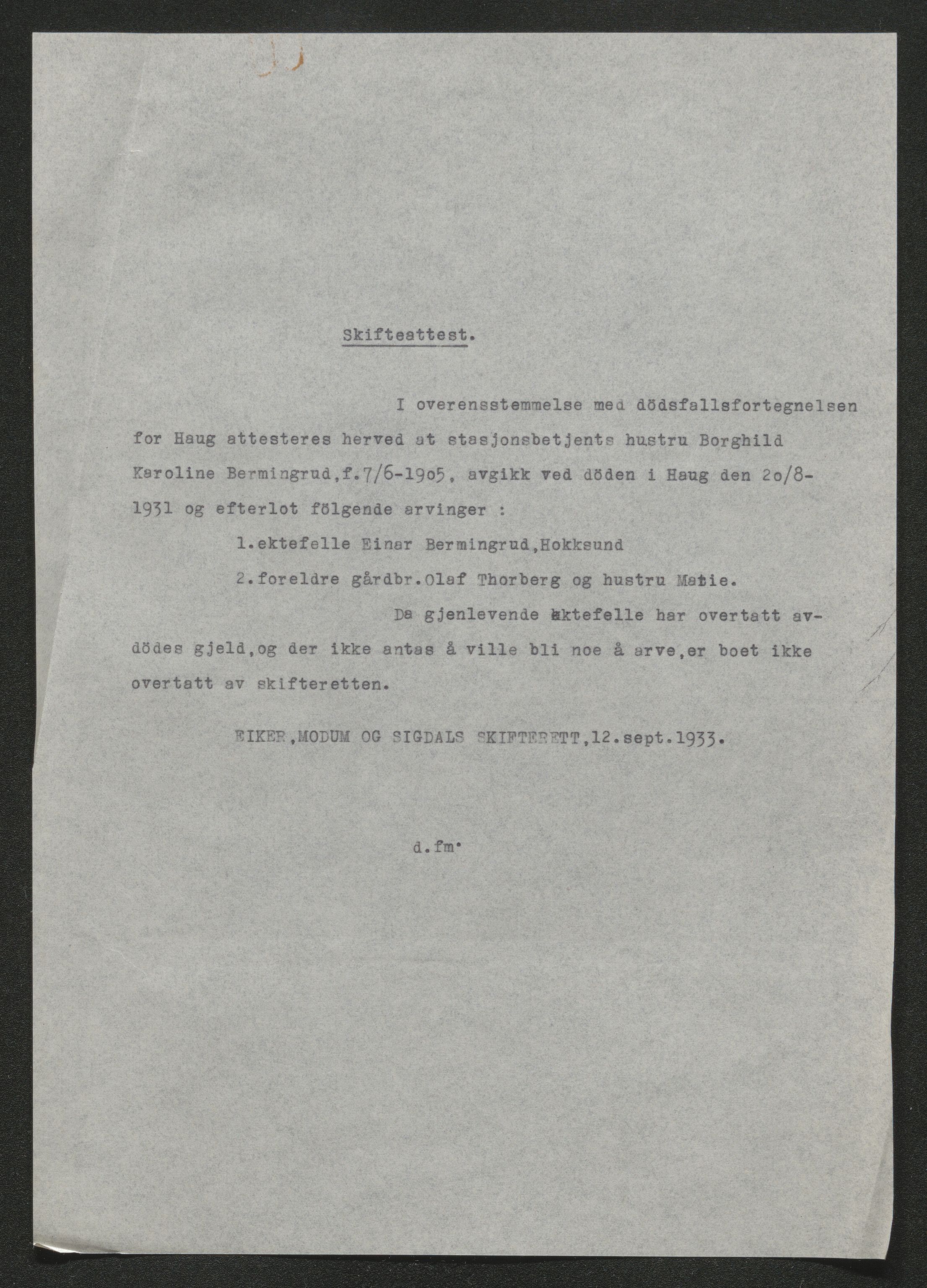Eiker, Modum og Sigdal sorenskriveri, SAKO/A-123/H/Ha/Hab/L0046: Dødsfallsmeldinger, 1930-1931, p. 1065