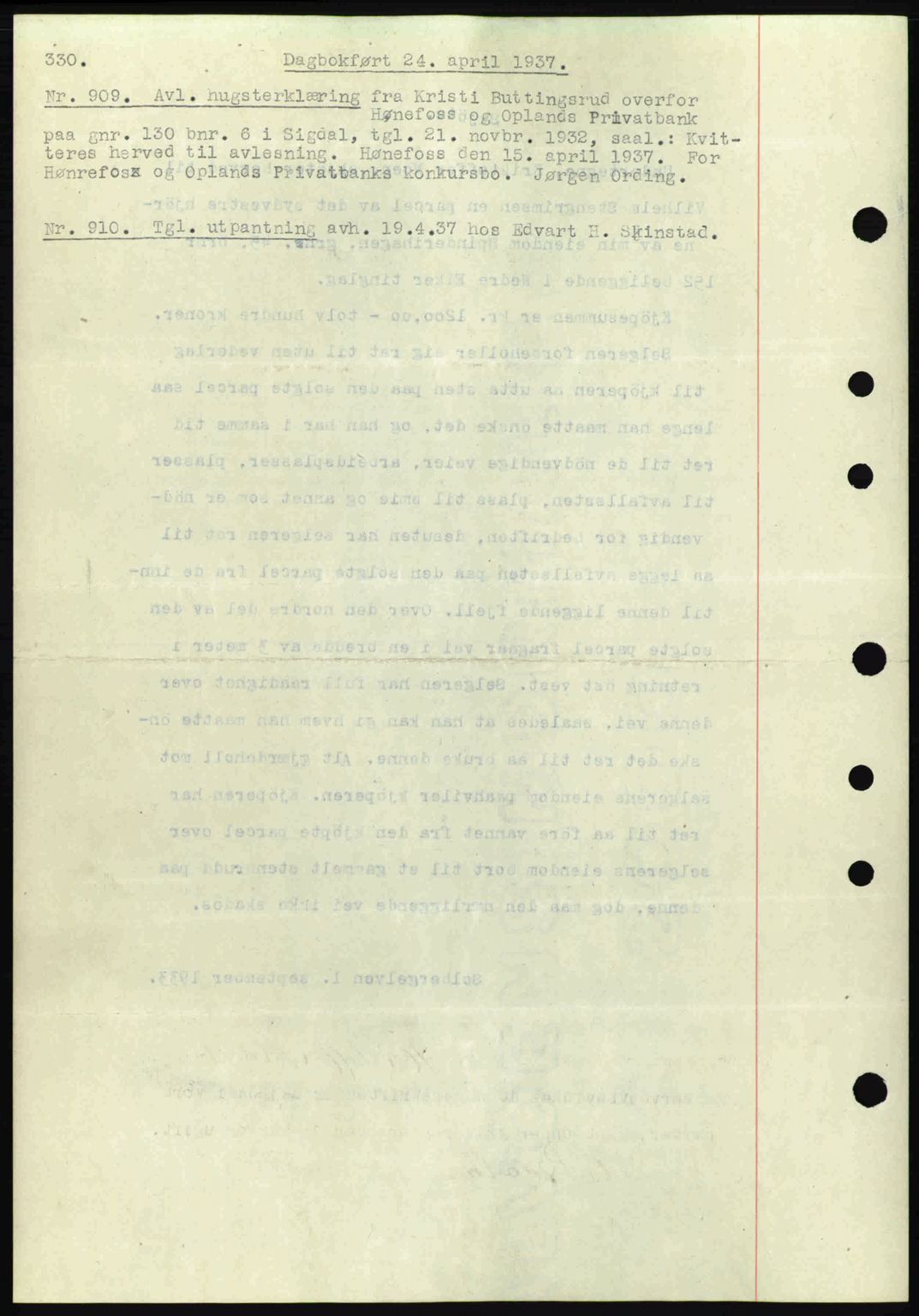 Eiker, Modum og Sigdal sorenskriveri, SAKO/A-123/G/Ga/Gab/L0035: Mortgage book no. A5, 1937-1937, Diary no: : 909/1937