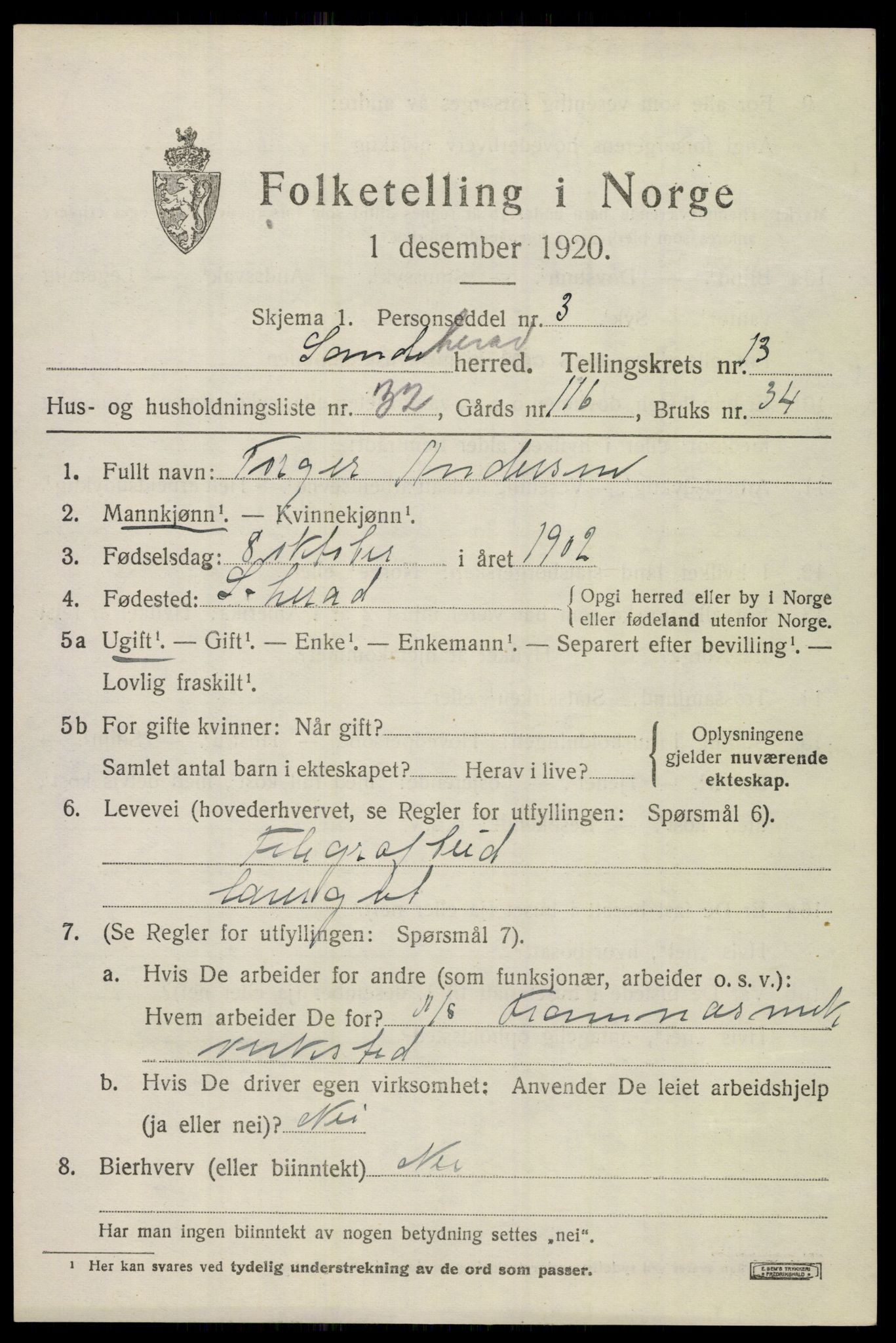 SAKO, 1920 census for Sandeherred, 1920, p. 19670