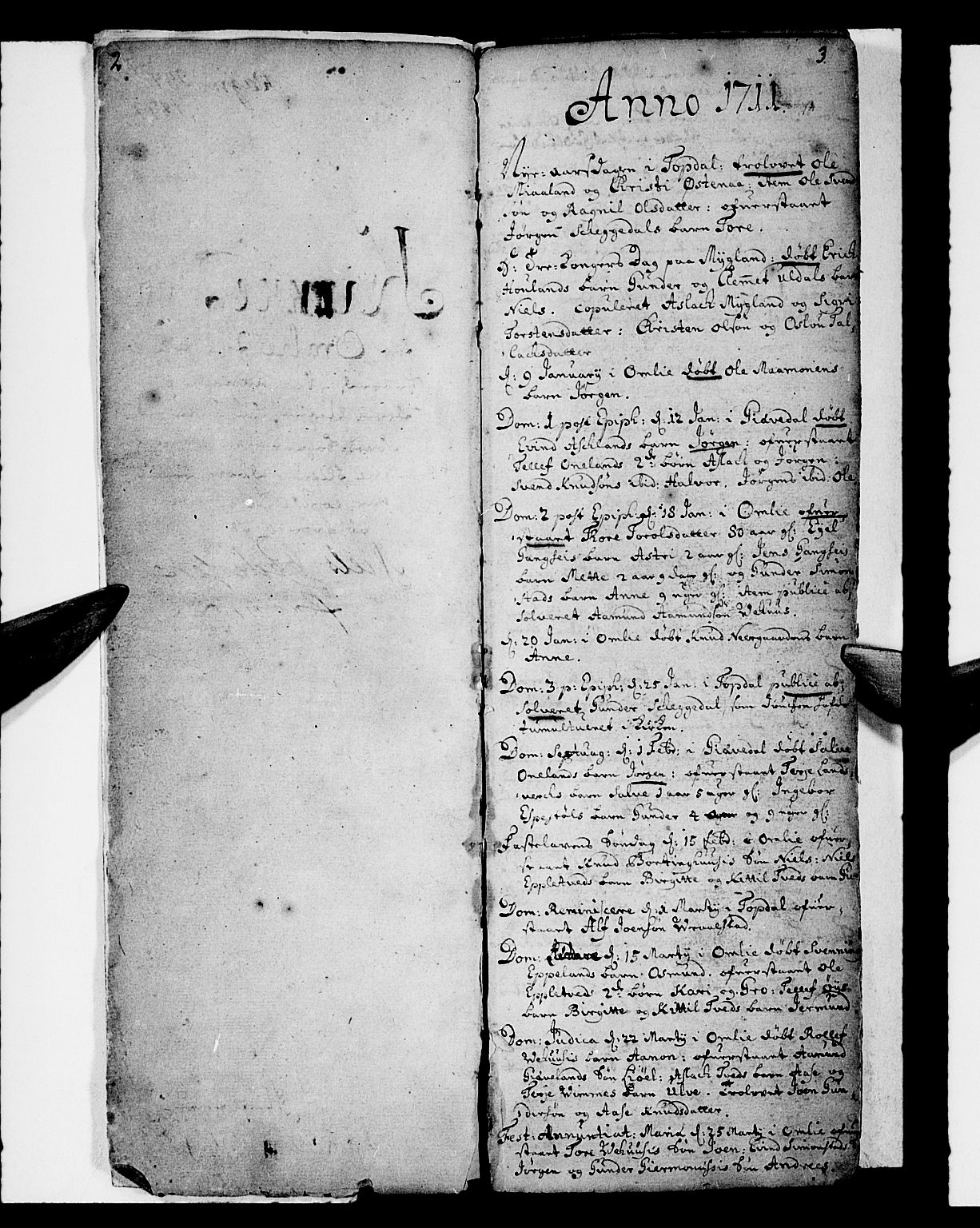 Åmli sokneprestkontor, SAK/1111-0050/F/Fa/Fac/L0001: Parish register (official) no. A 1, 1711-1740, p. 2-3
