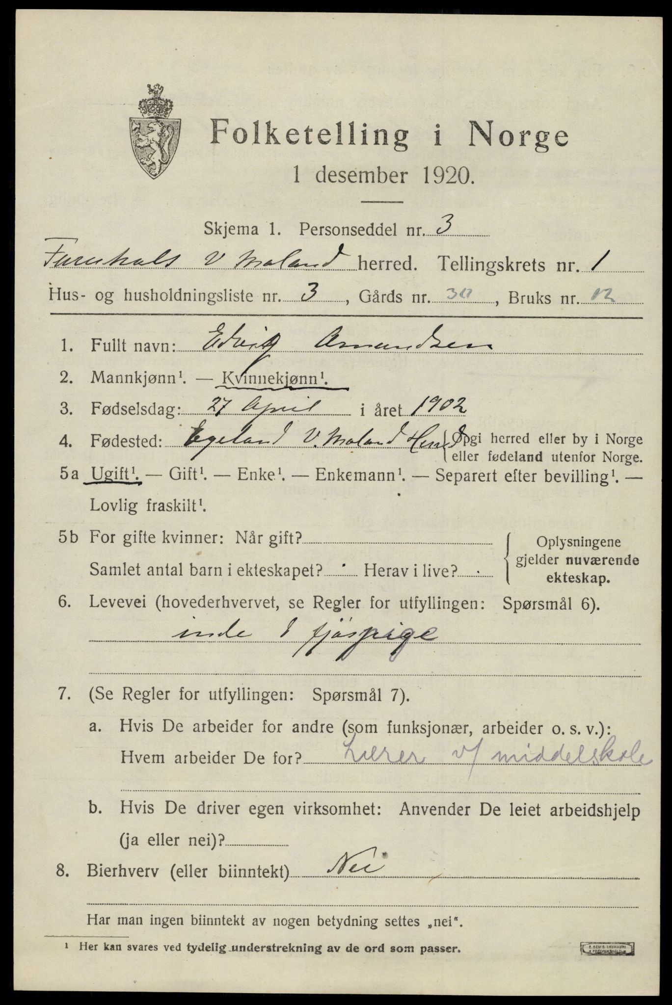 SAK, 1920 census for Vestre Moland, 1920, p. 1063