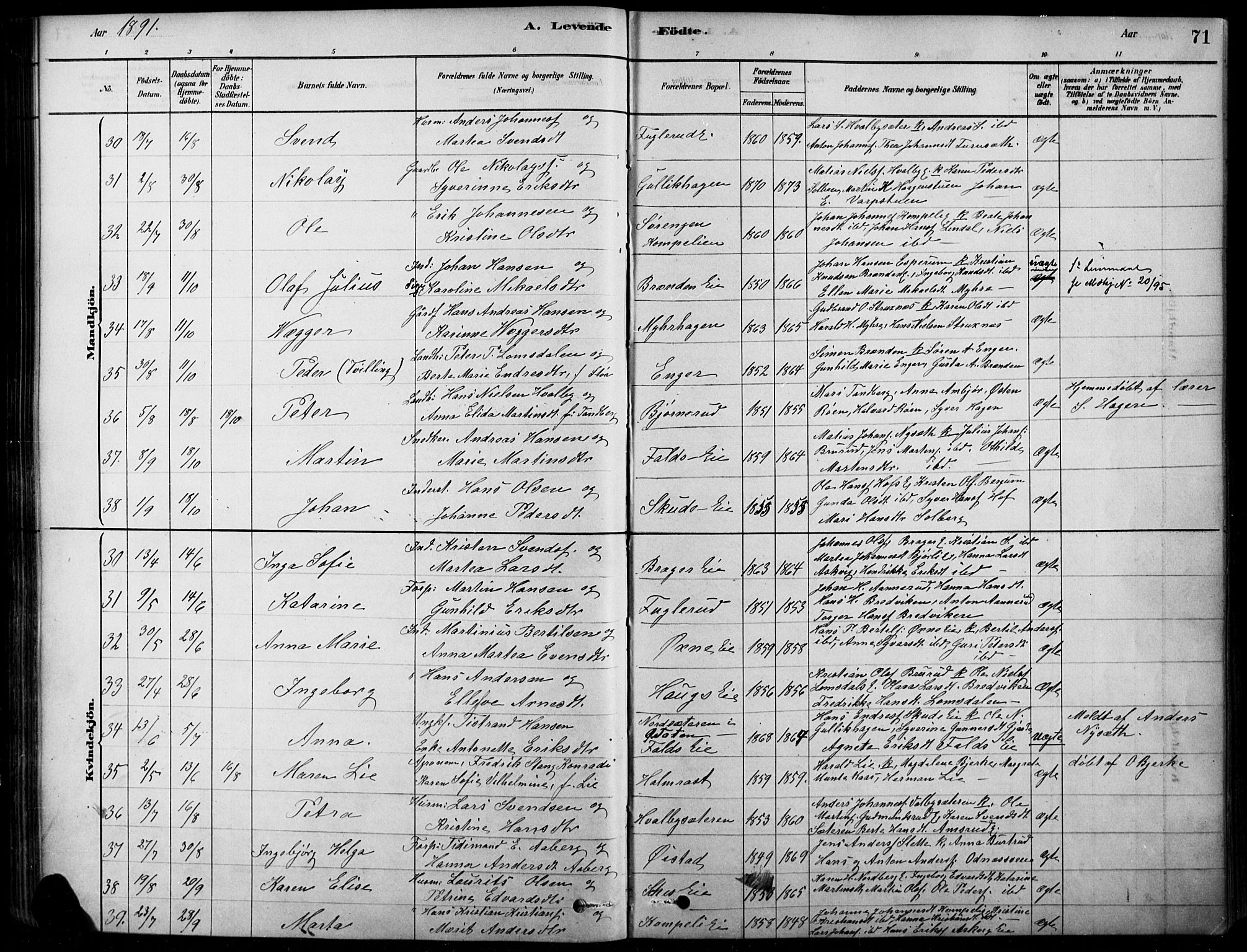 Søndre Land prestekontor, AV/SAH-PREST-122/K/L0003: Parish register (official) no. 3, 1878-1894, p. 71