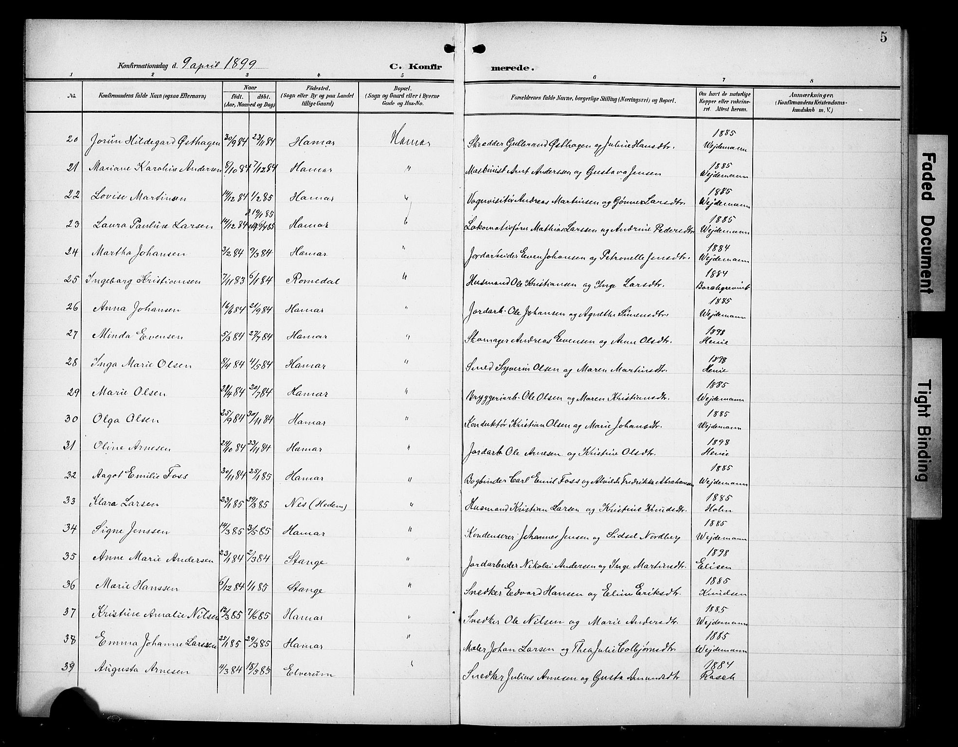 Hamar prestekontor, SAH/DOMPH-002/H/Ha/Hab/L0002: Parish register (copy) no. 2, 1899-1929, p. 5