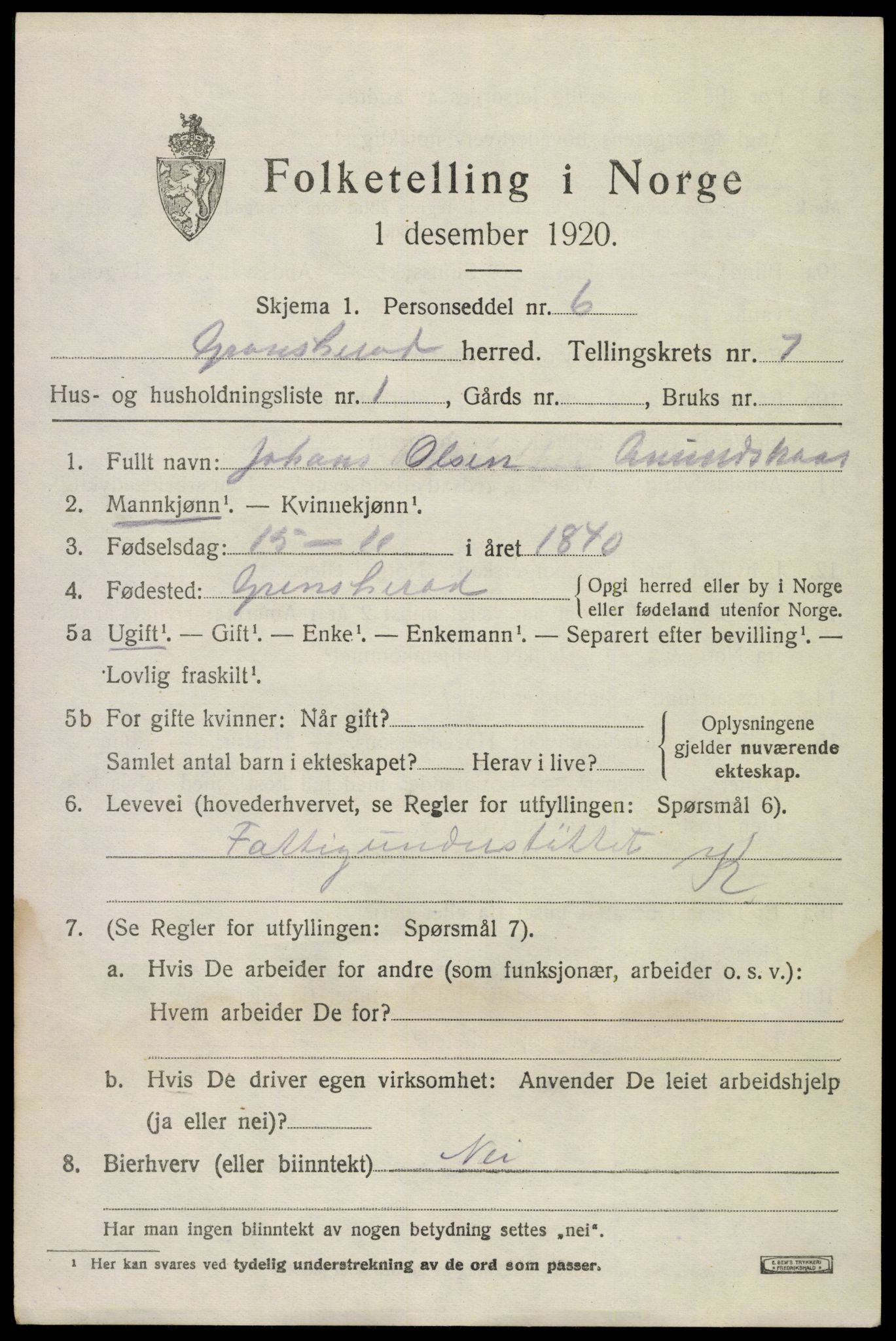 SAKO, 1920 census for Gransherad, 1920, p. 2734