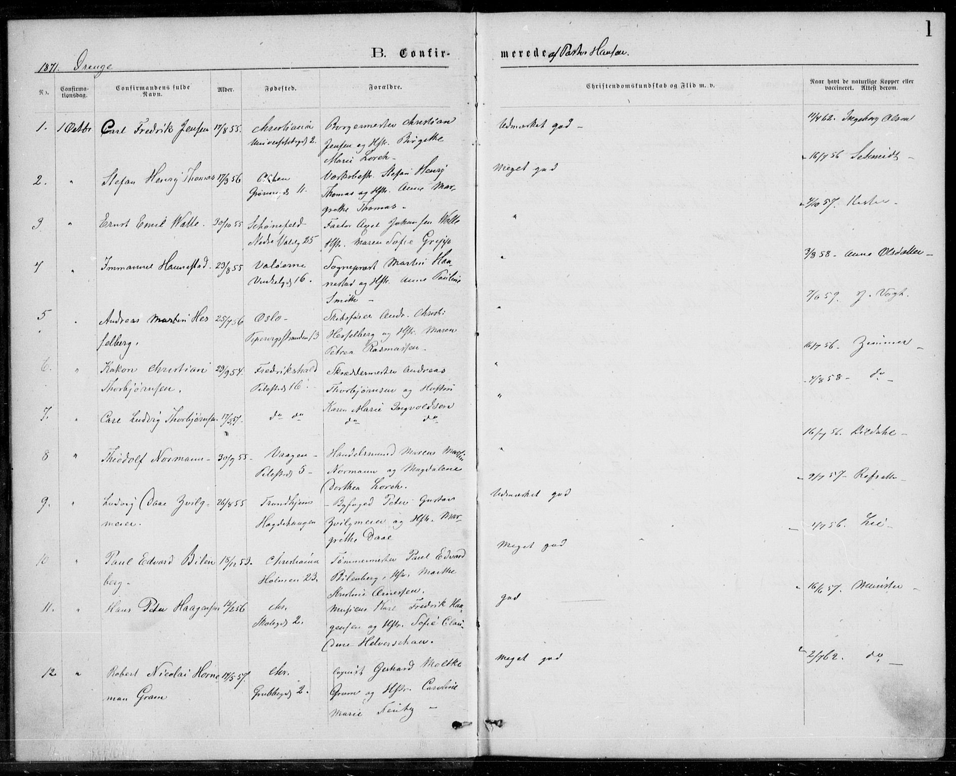 Trefoldighet prestekontor Kirkebøker, SAO/A-10882/F/Fb/L0002: Parish register (official) no. II 2, 1871-1880, p. 1