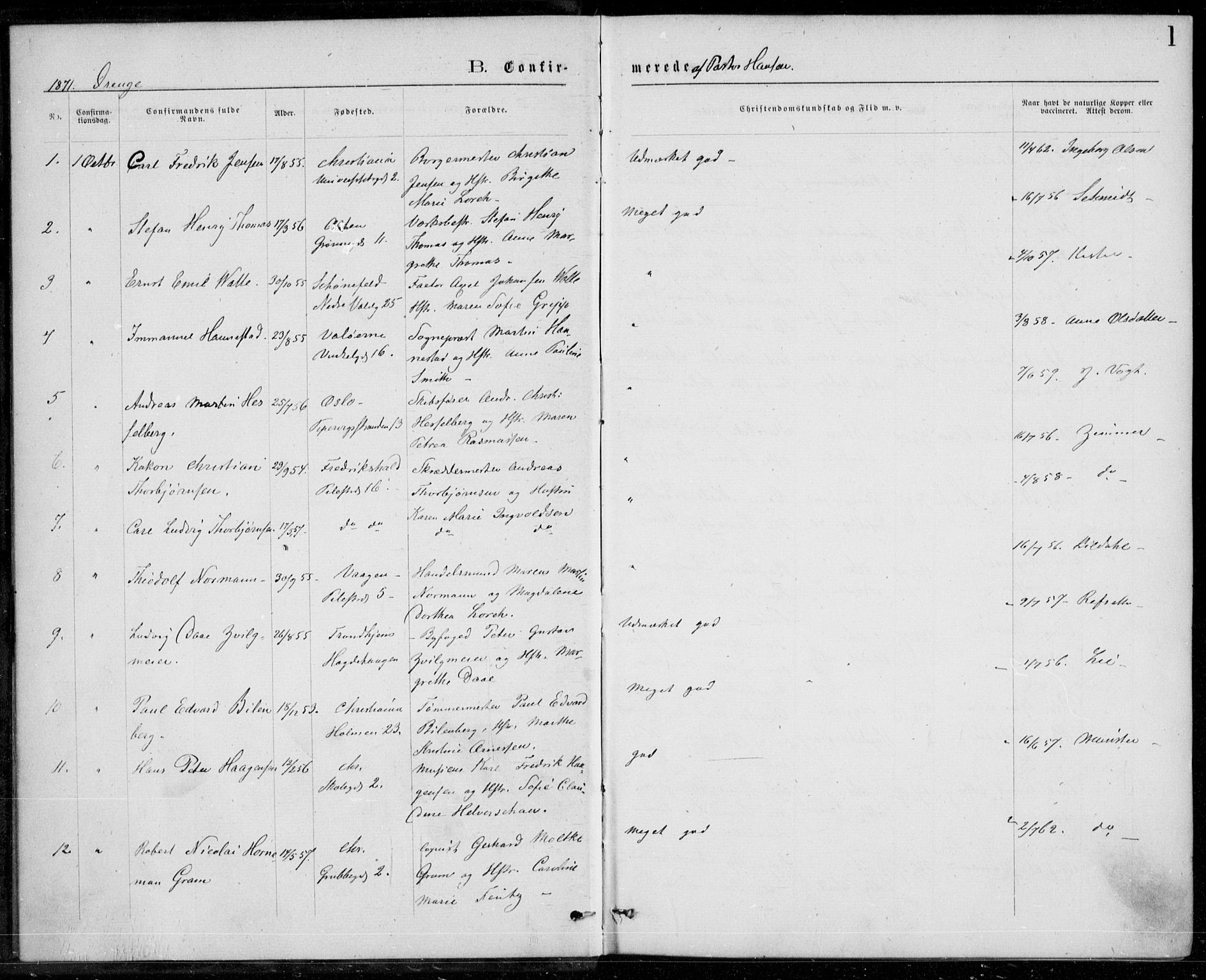 Trefoldighet prestekontor Kirkebøker, AV/SAO-A-10882/F/Fb/L0002: Parish register (official) no. II 2, 1871-1880, p. 1