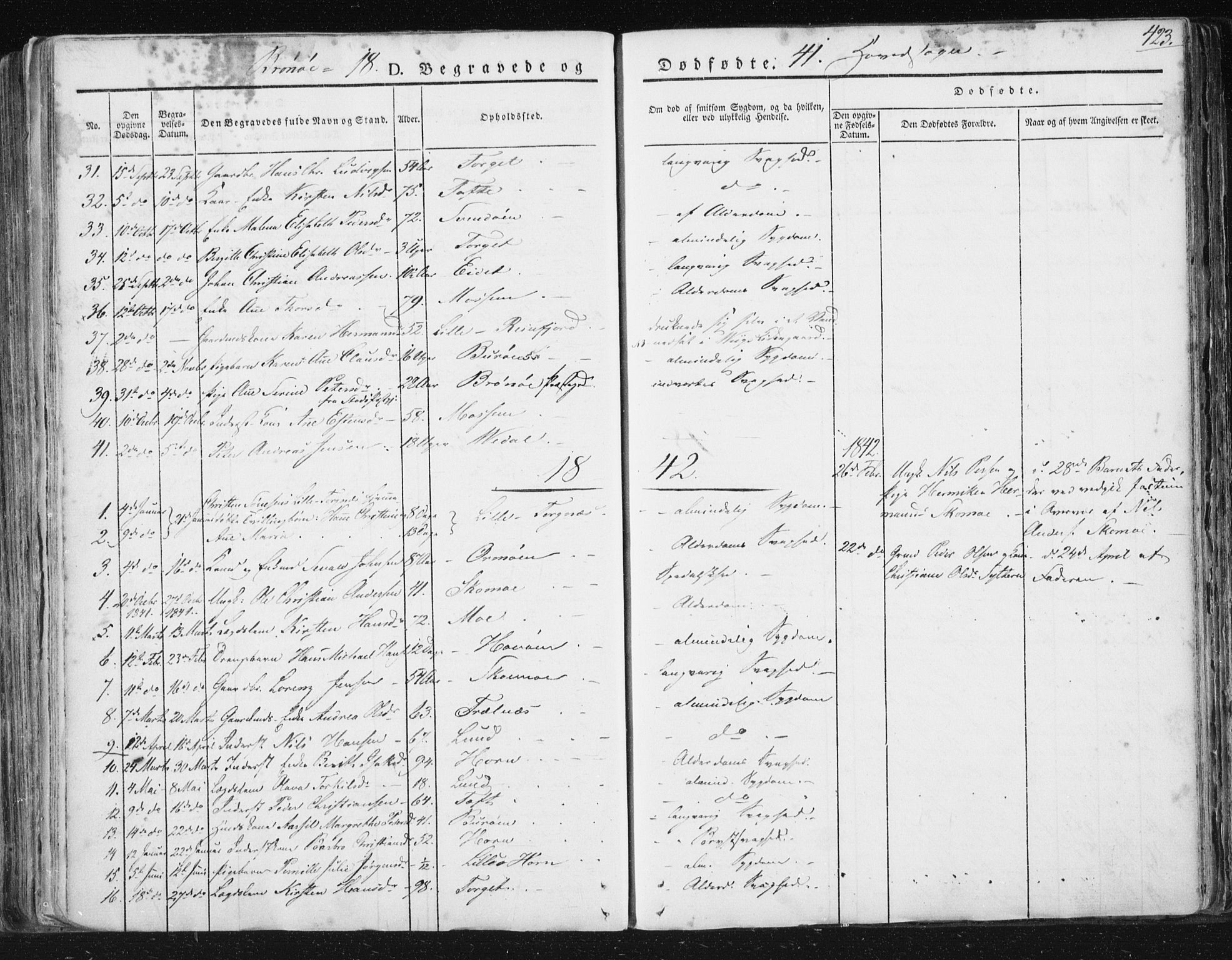Ministerialprotokoller, klokkerbøker og fødselsregistre - Nordland, SAT/A-1459/813/L0198: Parish register (official) no. 813A08, 1834-1874, p. 423