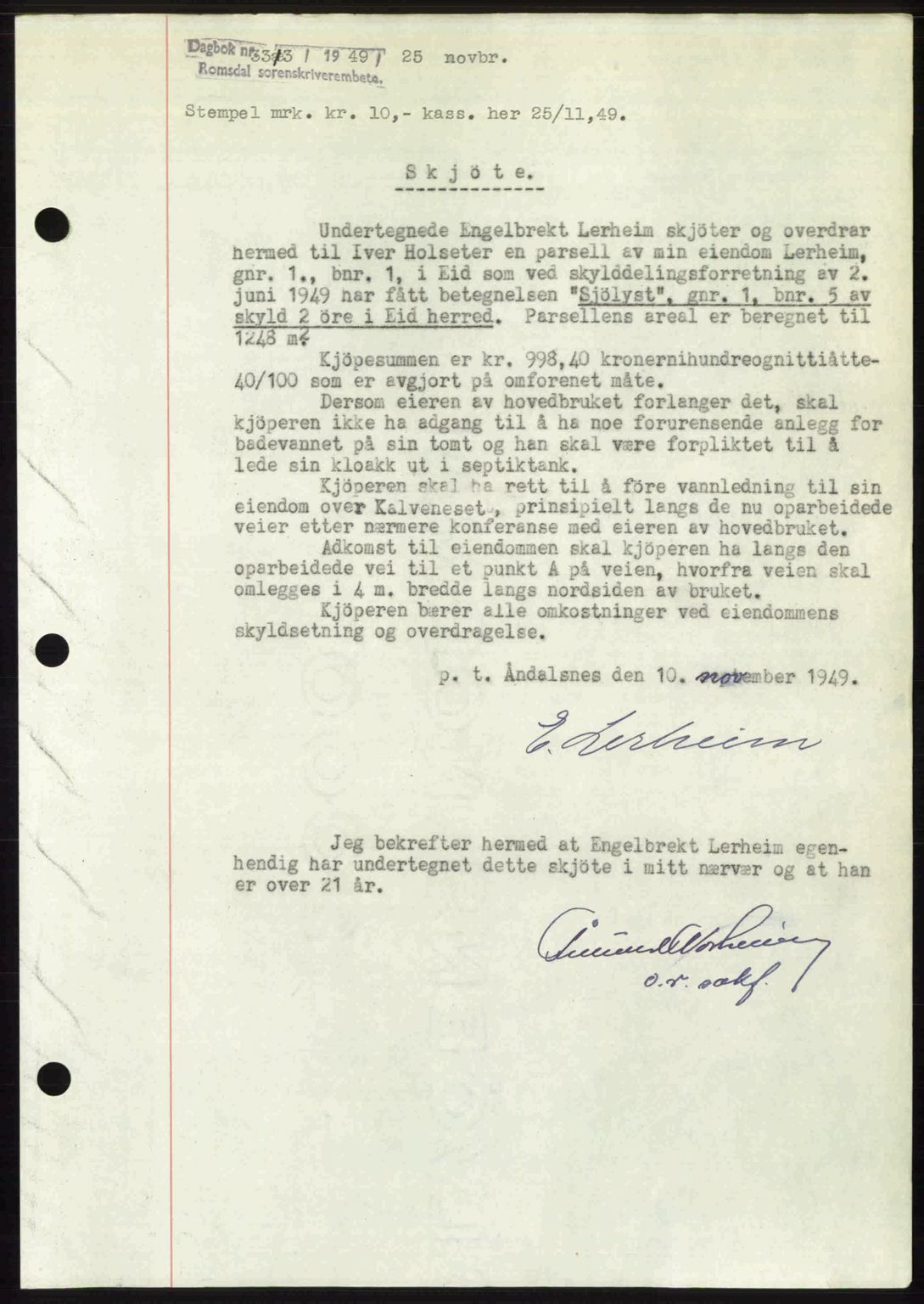 Romsdal sorenskriveri, AV/SAT-A-4149/1/2/2C: Mortgage book no. A31, 1949-1949, Diary no: : 3313/1949