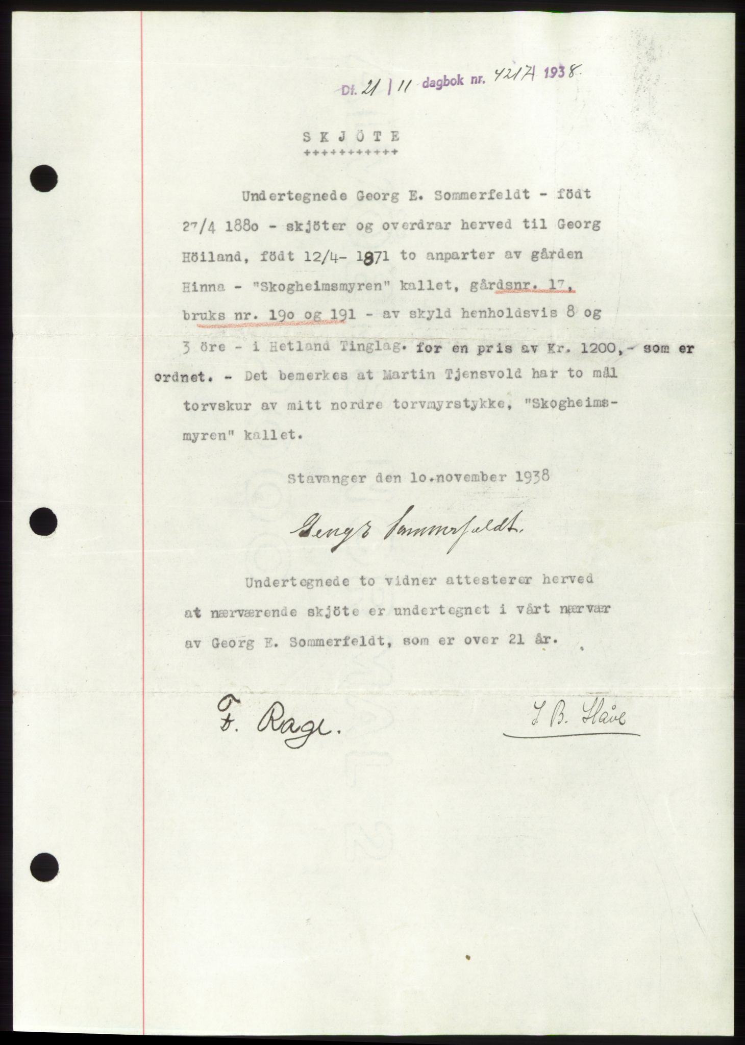 Jæren sorenskriveri, SAST/A-100310/03/G/Gba/L0072: Mortgage book, 1938-1938, Diary no: : 4217/1938