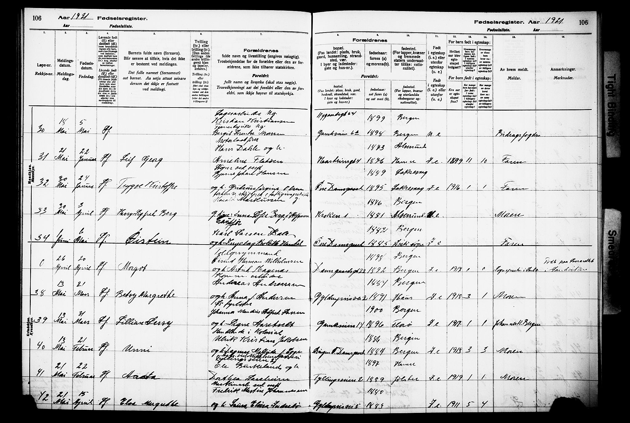 Laksevåg Sokneprestembete, AV/SAB-A-76501/I/Id/L00A1: Birth register no. A 1, 1916-1926, p. 106