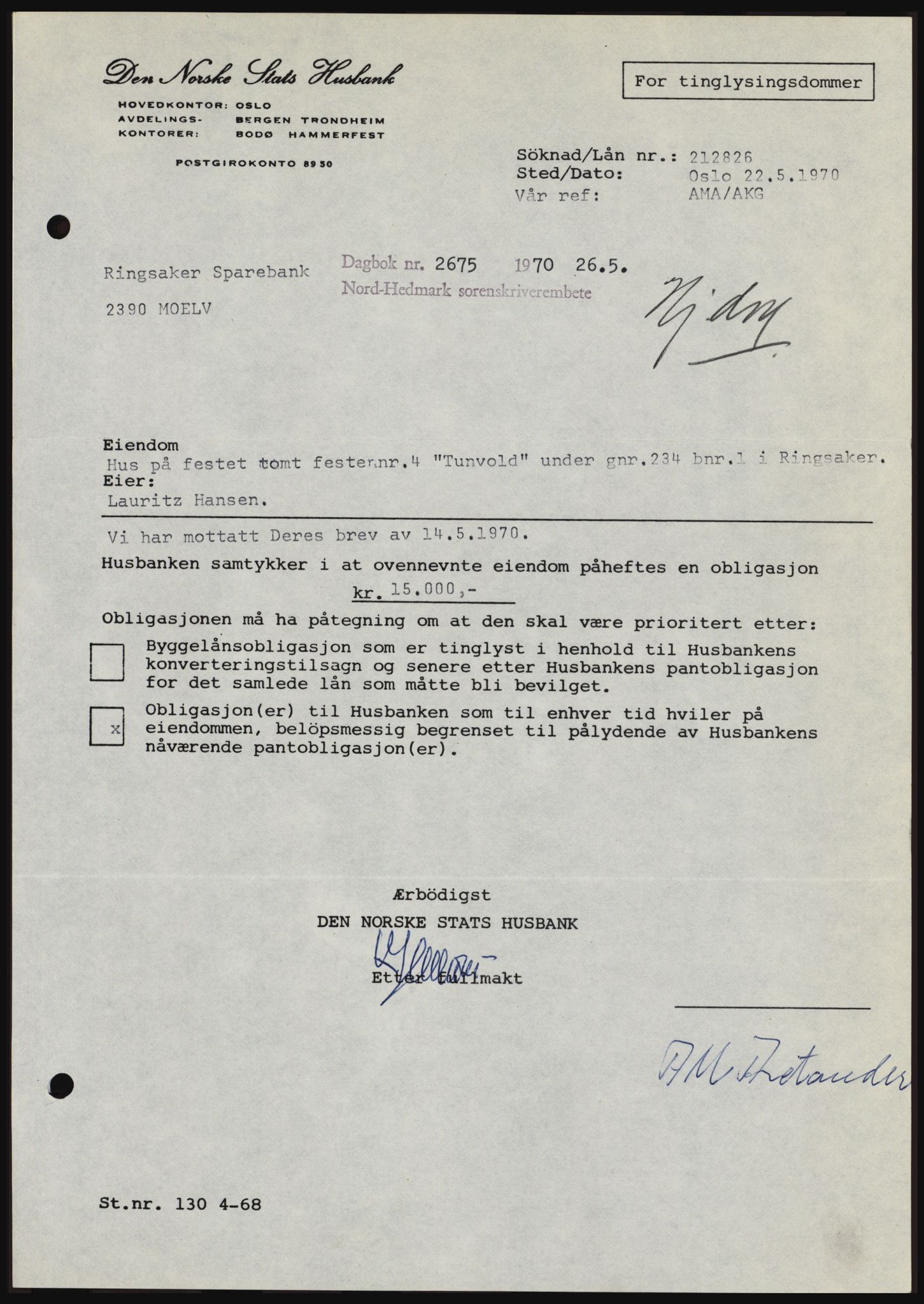 Nord-Hedmark sorenskriveri, AV/SAH-TING-012/H/Hc/L0033: Mortgage book no. 33, 1970-1970, Diary no: : 2675/1970