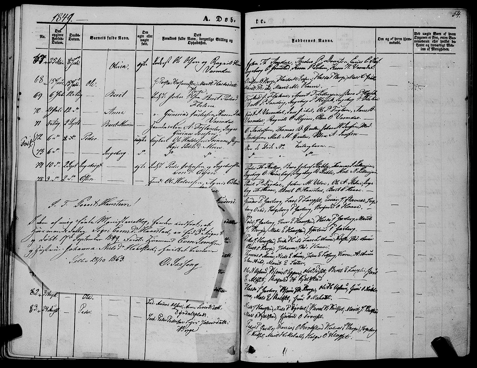 Ministerialprotokoller, klokkerbøker og fødselsregistre - Sør-Trøndelag, SAT/A-1456/695/L1145: Parish register (official) no. 695A06 /1, 1843-1859, p. 54