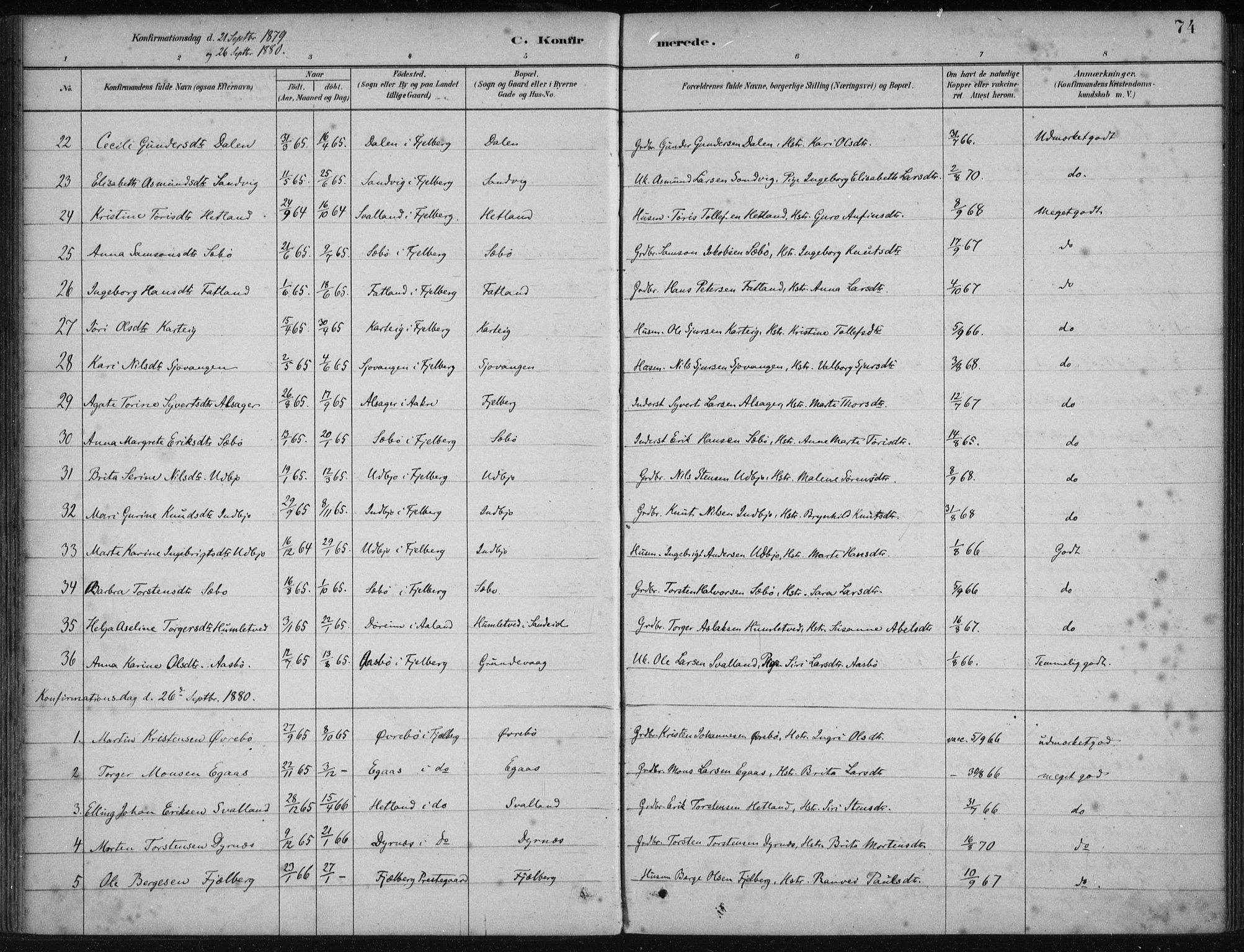 Fjelberg sokneprestembete, SAB/A-75201/H/Haa: Parish register (official) no. B  1, 1879-1919, p. 74